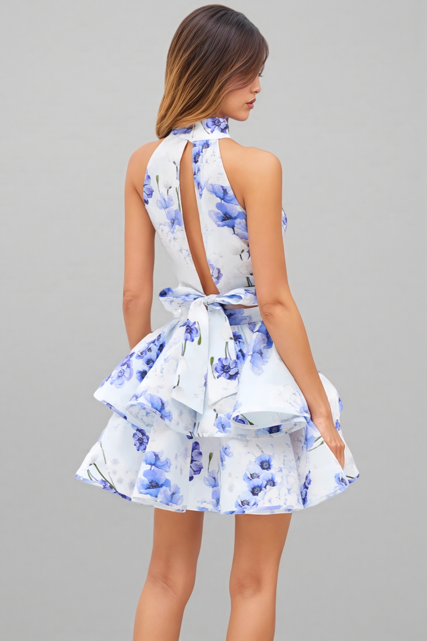 Nyssry Blue Printed Backless Mini Dress Set