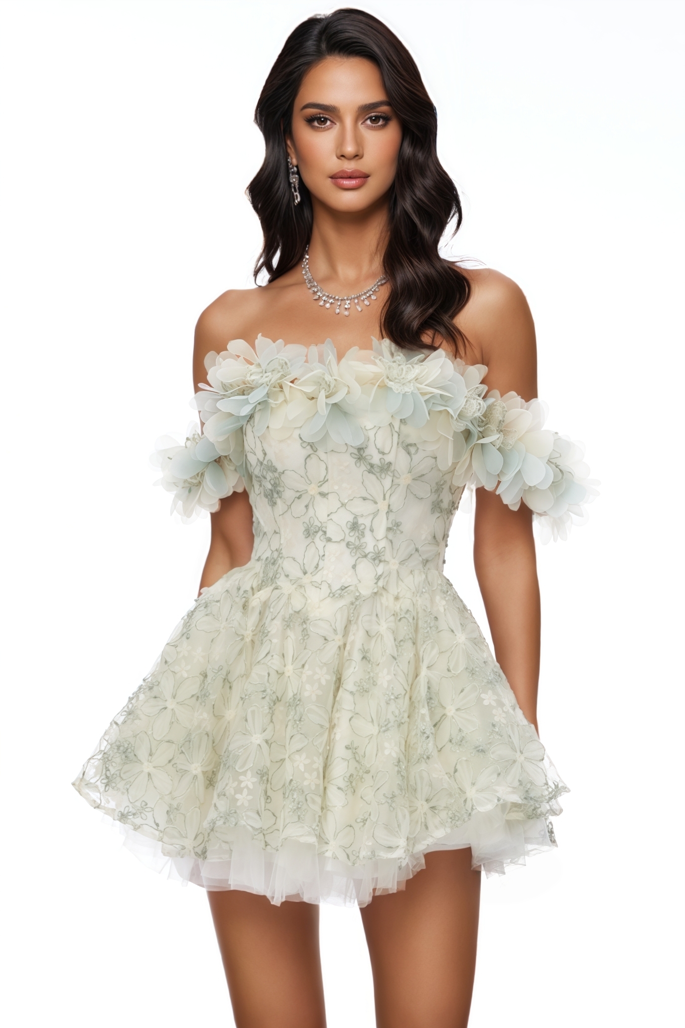 Hubrey Green Off The Shoulder 3D Floral Mini Dress