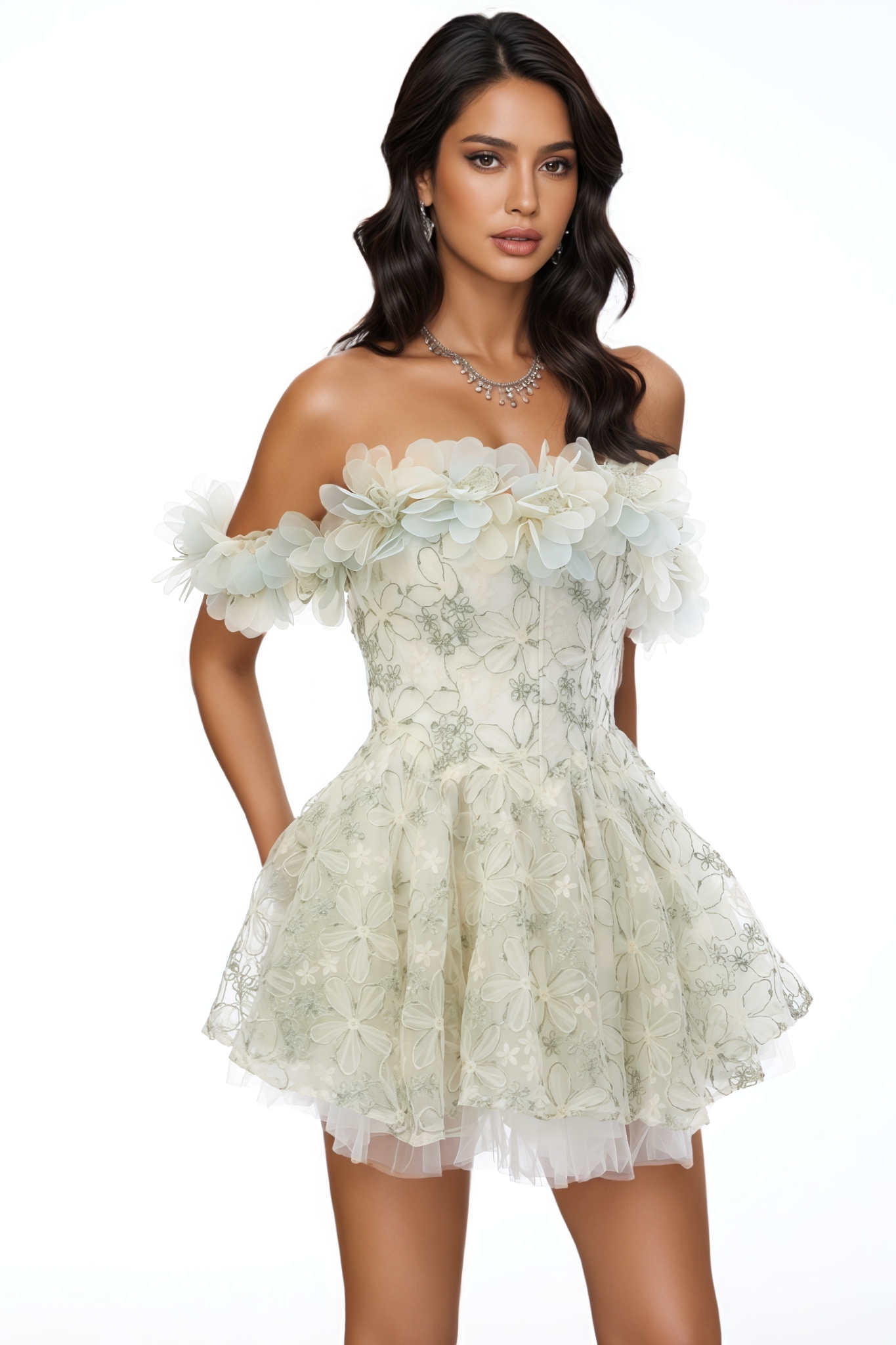Hubrey Green Off The Shoulder 3D Floral Mini Dress