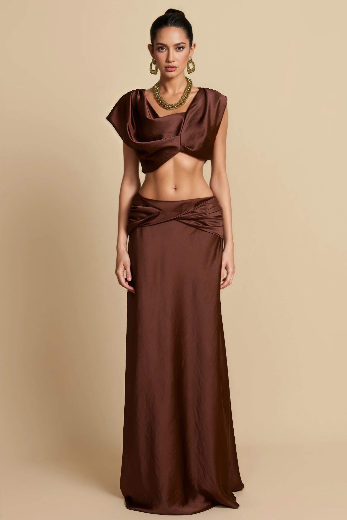 Valesd Brown Pleated Maxi Dress Set