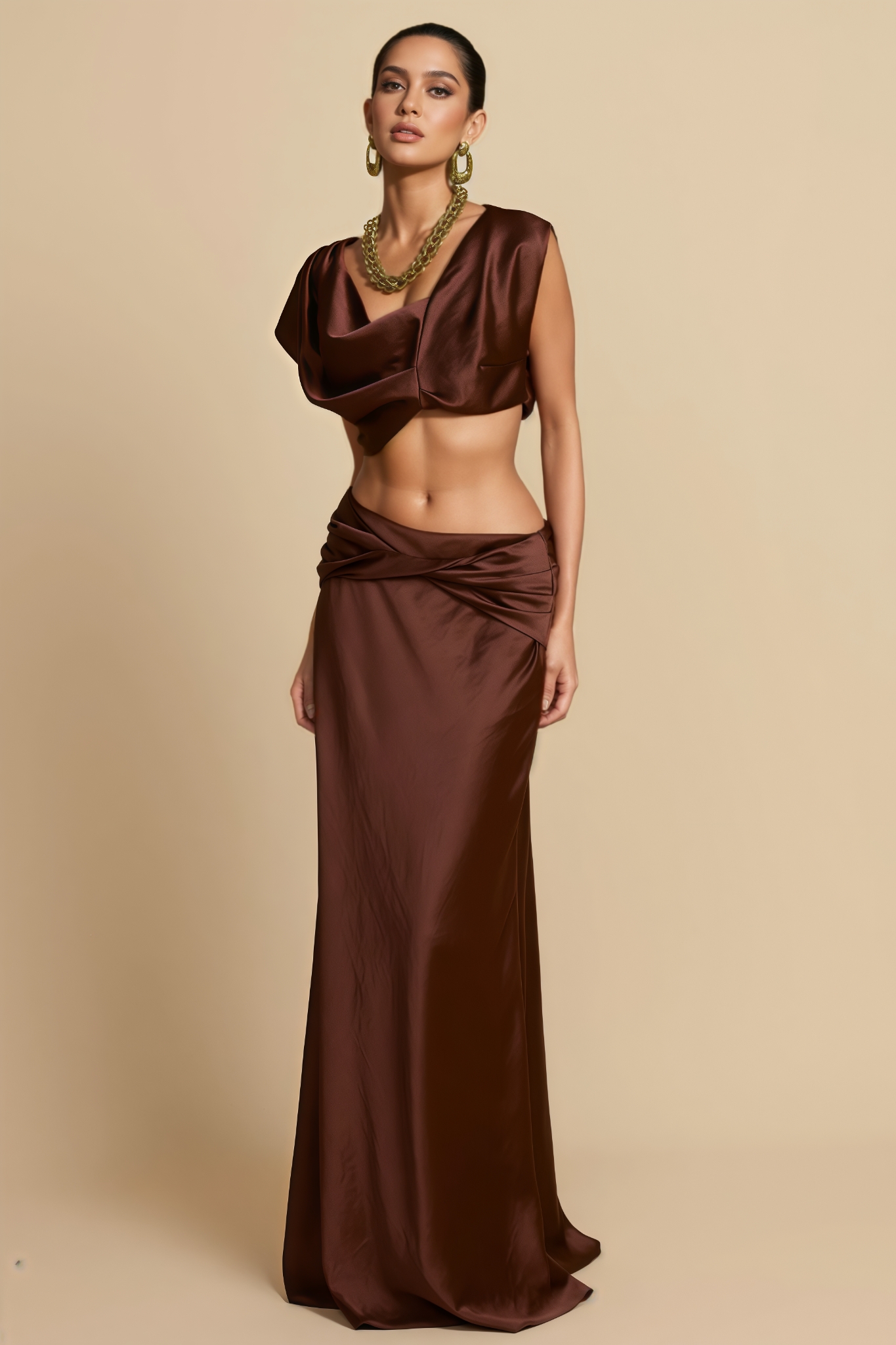 Valesd Brown Pleated Maxi Dress Set
