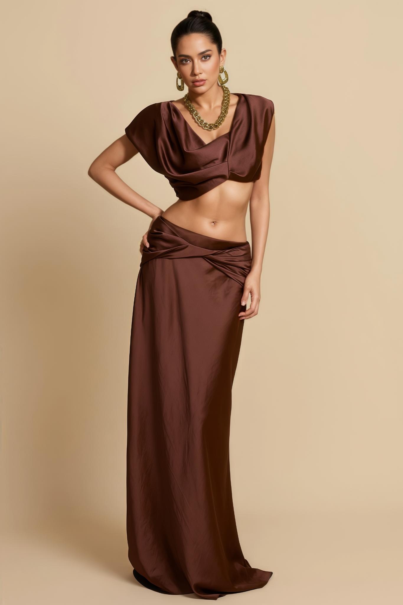 Valesd Brown Pleated Maxi Dress Set