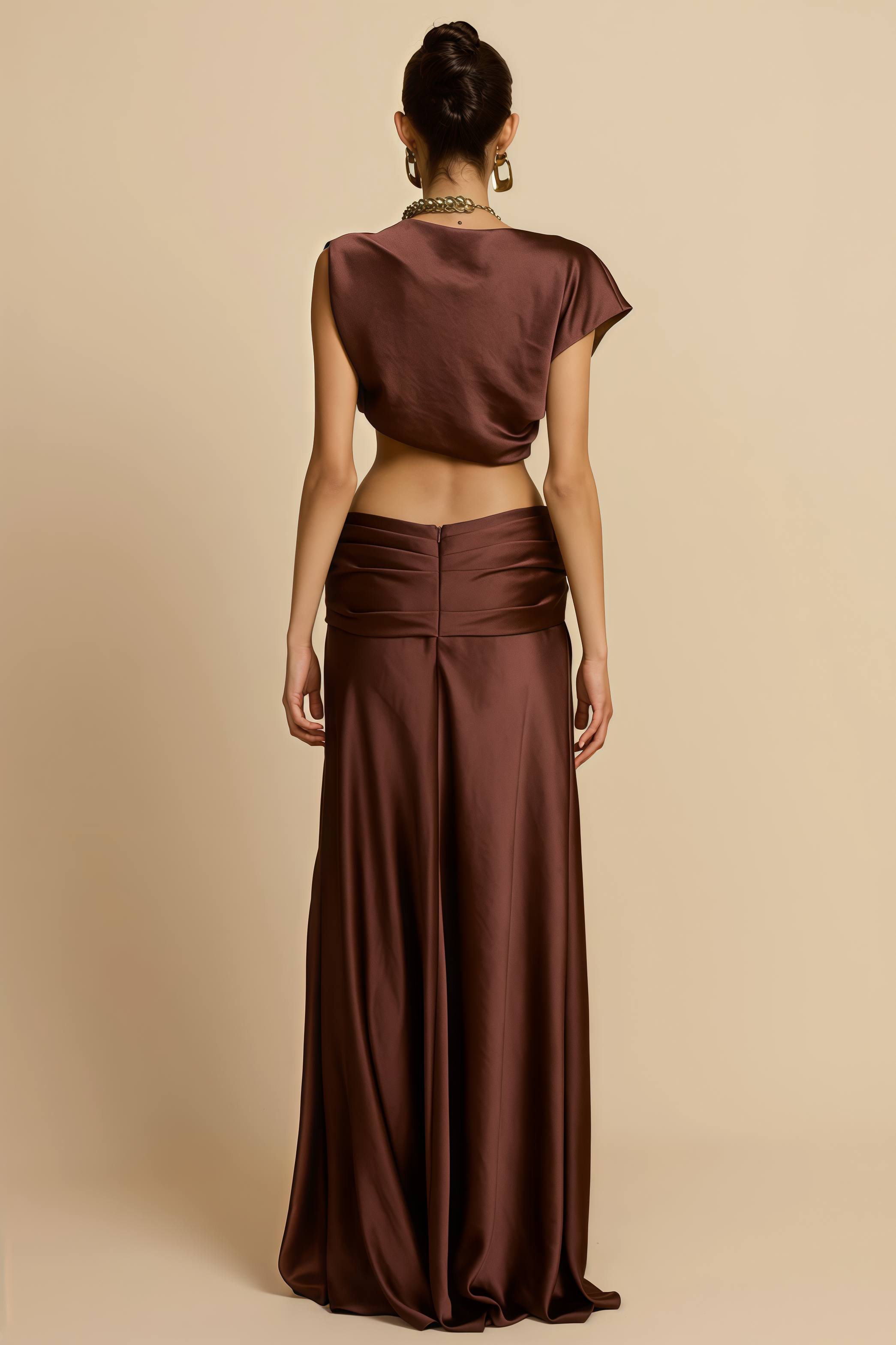 Valesd Brown Pleated Maxi Dress Set