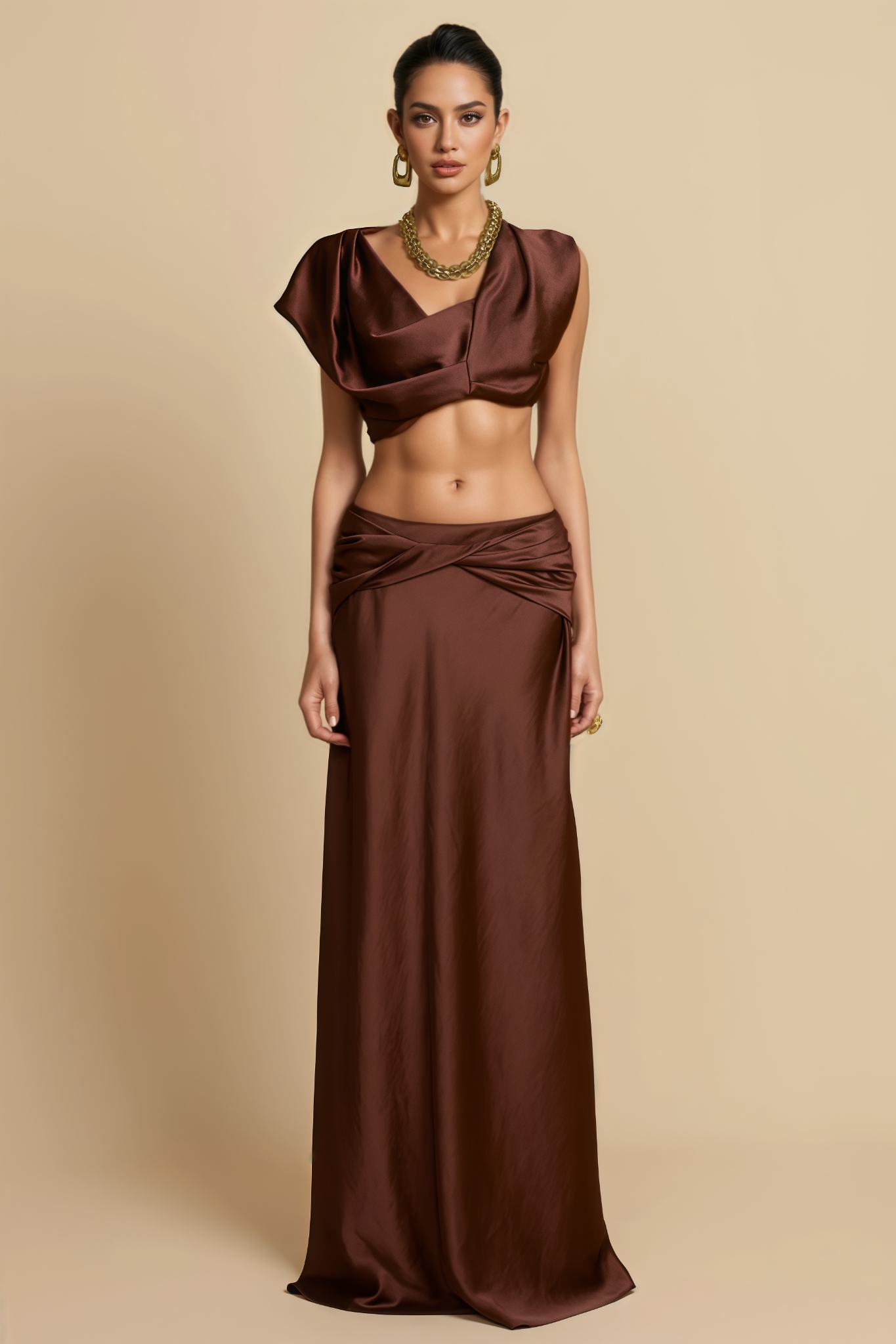 Valesd Brown Pleated Maxi Dress Set