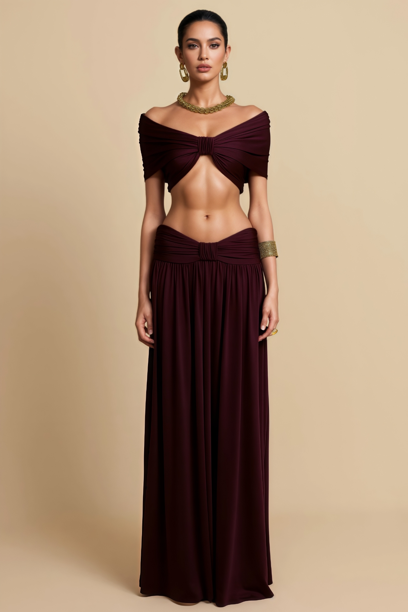 Farnoy Off Shoulder Bow Ruched Top Maxi Dress Set