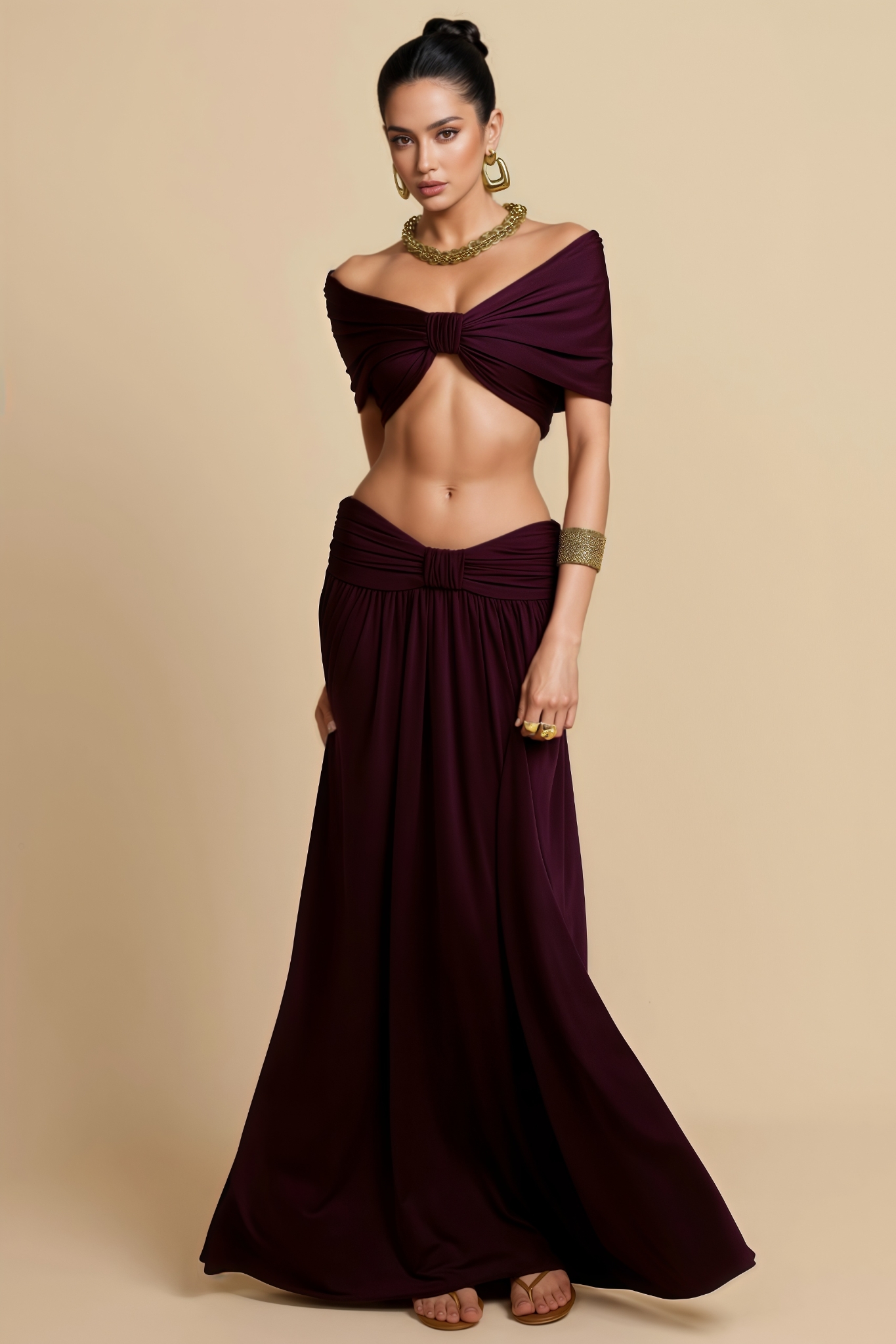 Farnoy Off Shoulder Bow Ruched Top Maxi Dress Set