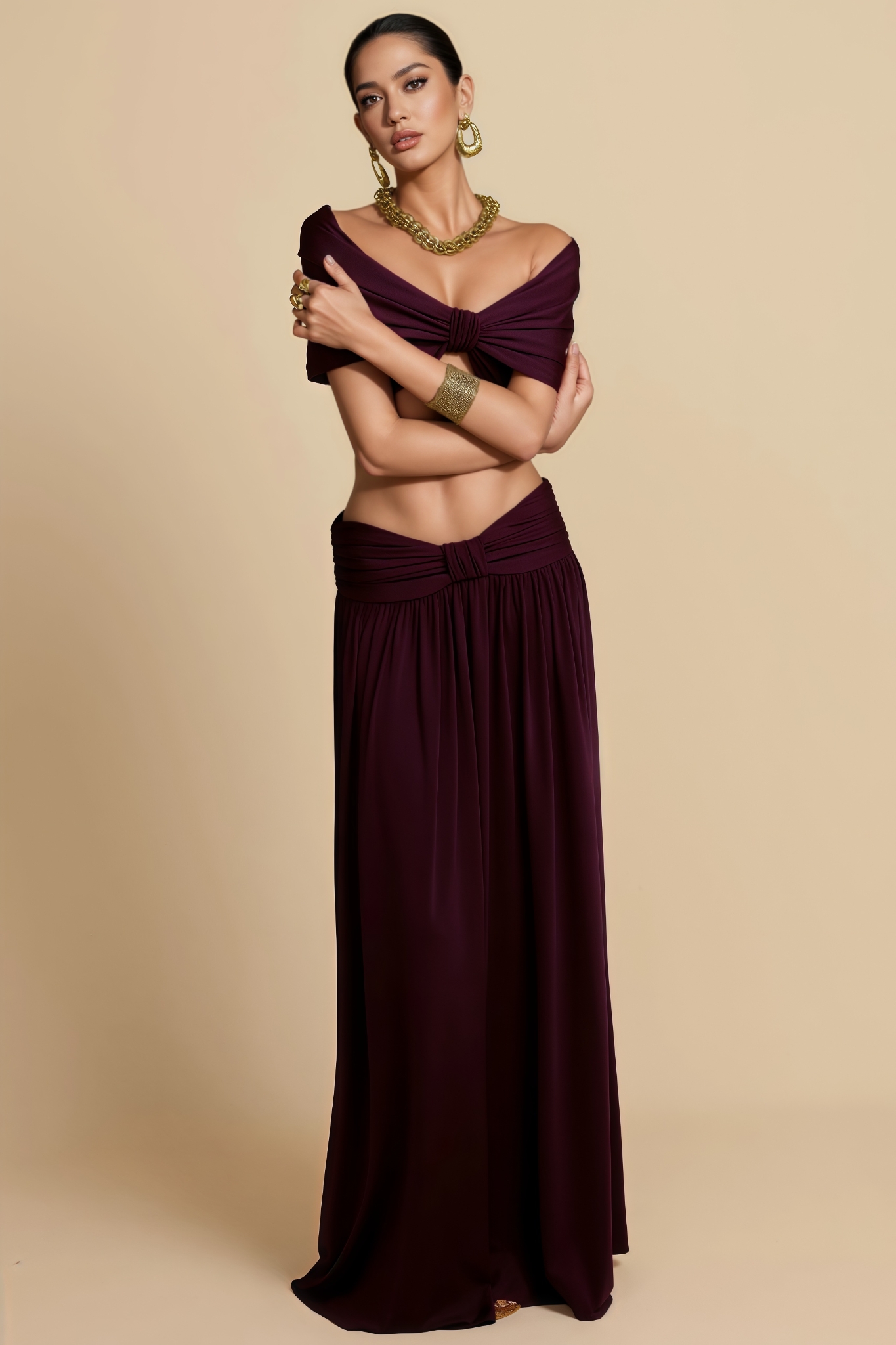 Farnoy Off Shoulder Bow Ruched Top Maxi Dress Set
