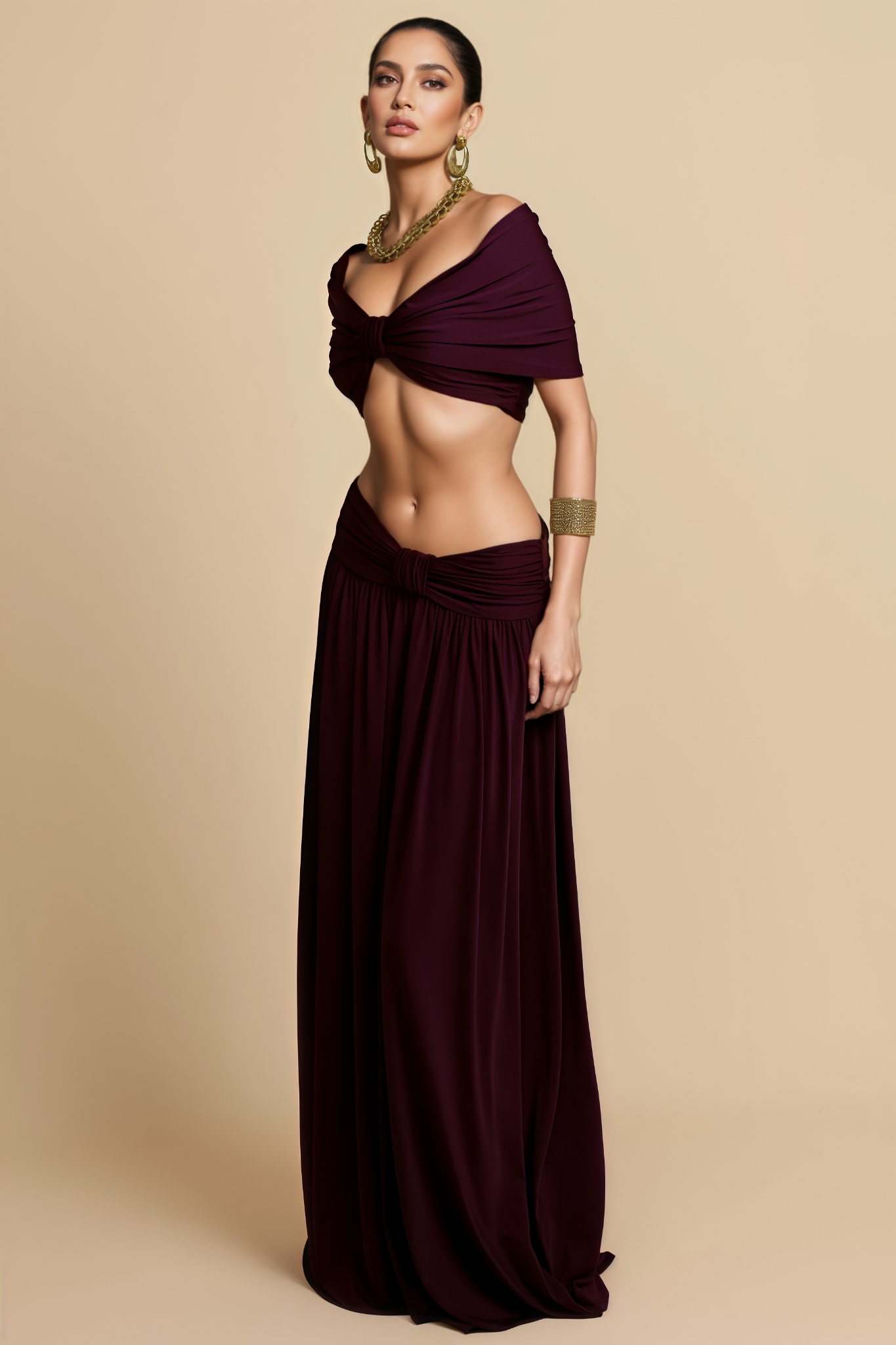 Farnoy Off Shoulder Bow Ruched Top Maxi Dress Set