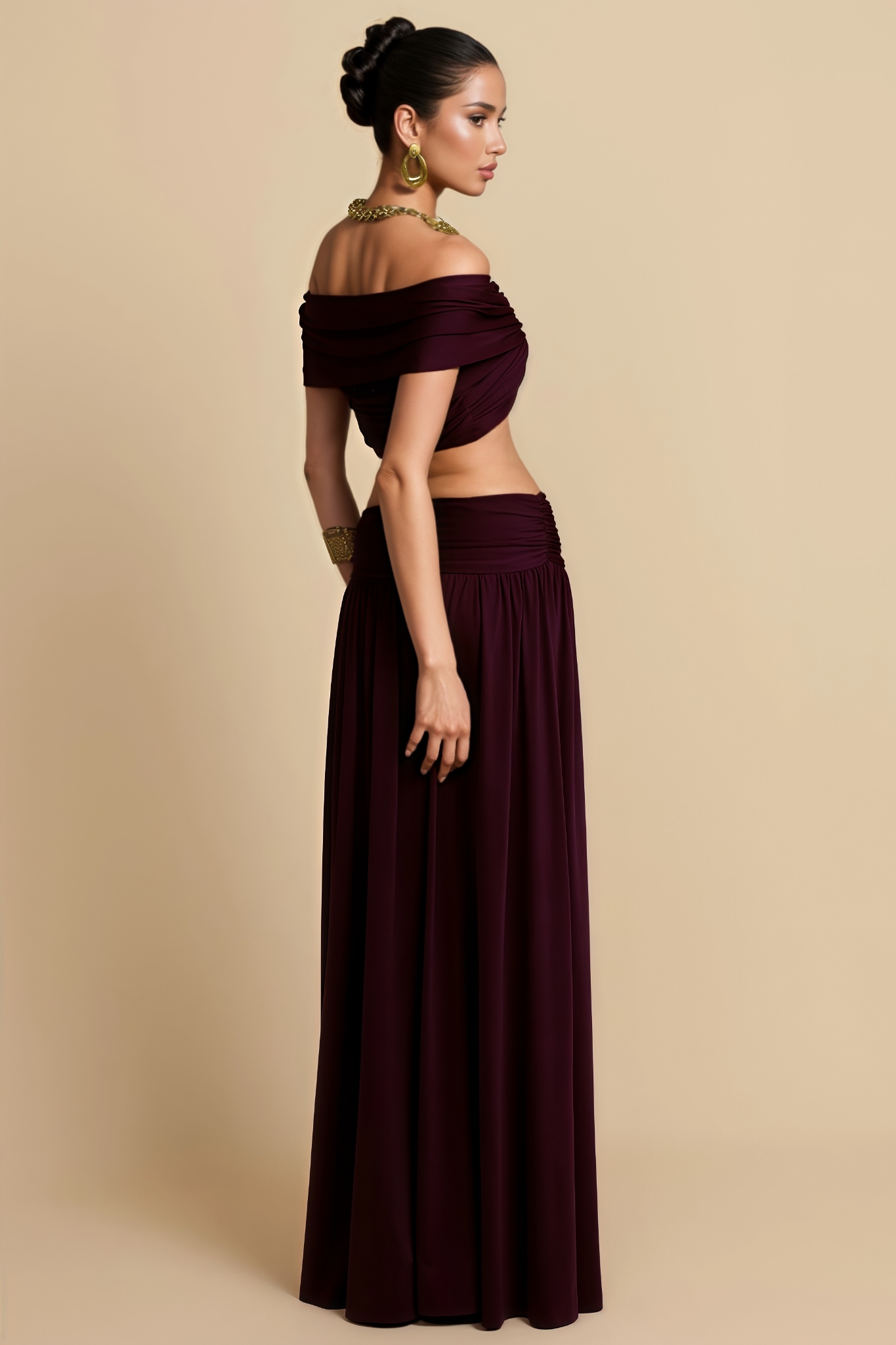 Farnoy Off Shoulder Bow Ruched Top Maxi Dress Set