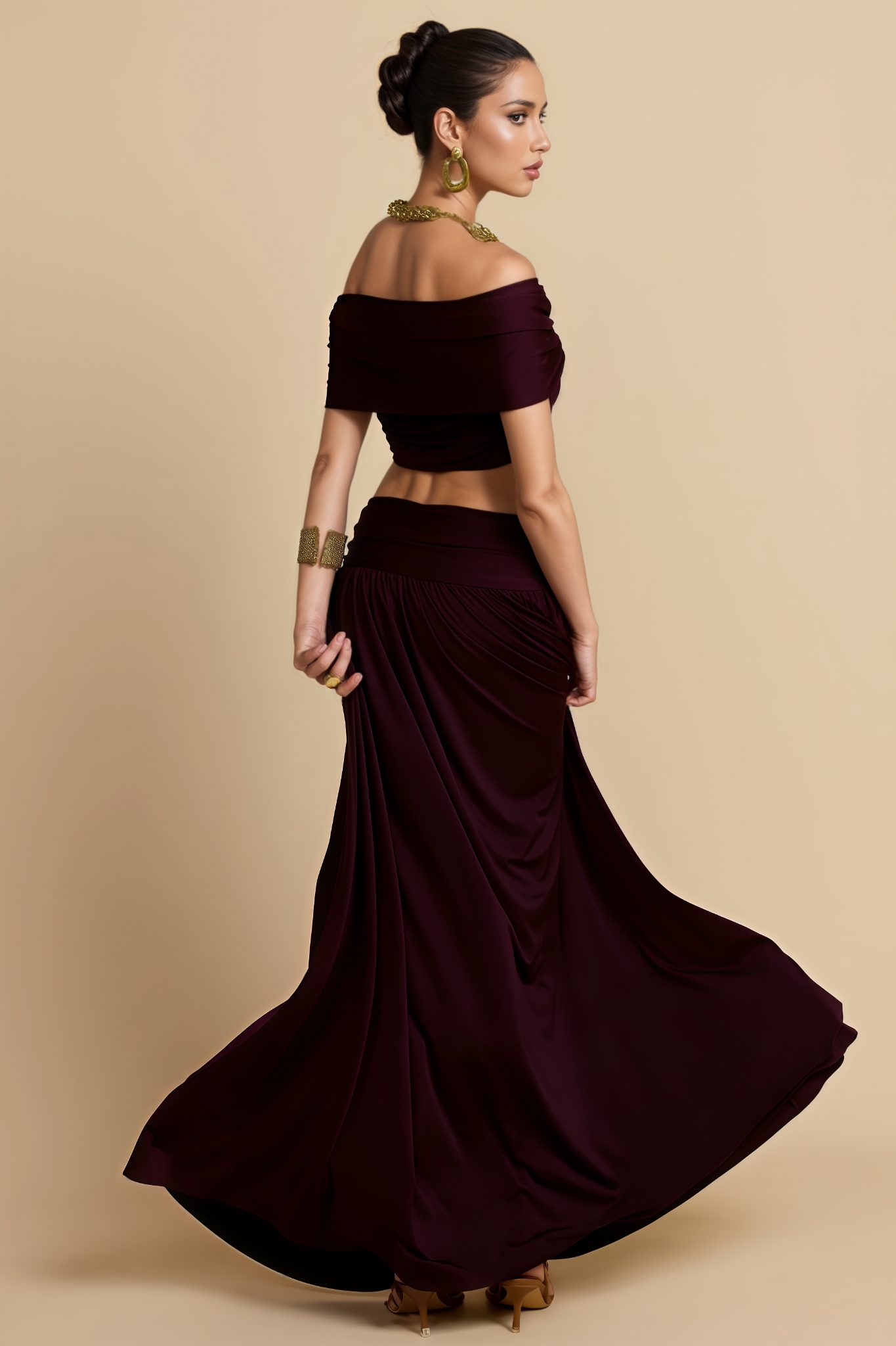 Farnoy Off Shoulder Bow Ruched Top Maxi Dress Set