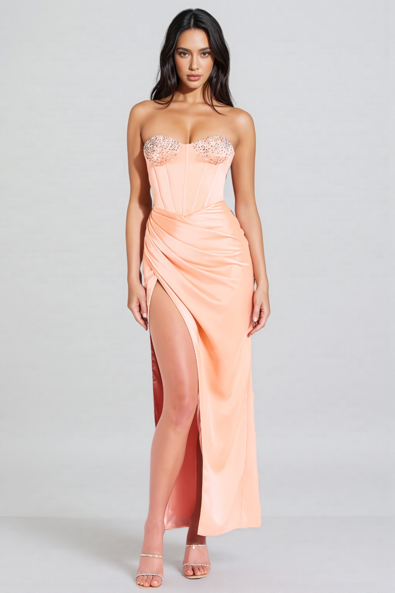 Estrela Diamond-Studded Sheath Ruffle Maxi Dress