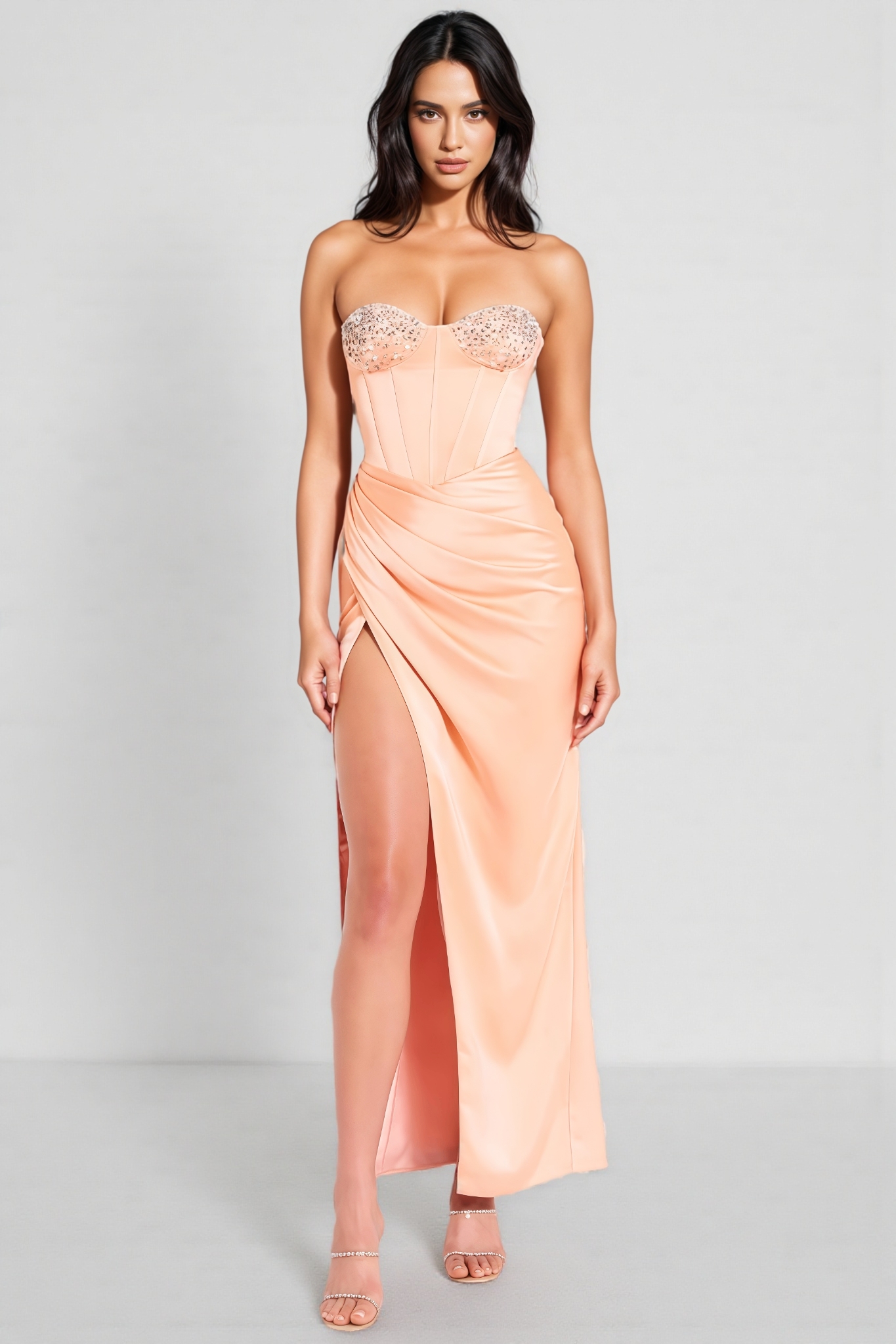 Estrela Diamond-Studded Sheath Ruffle Maxi Dress