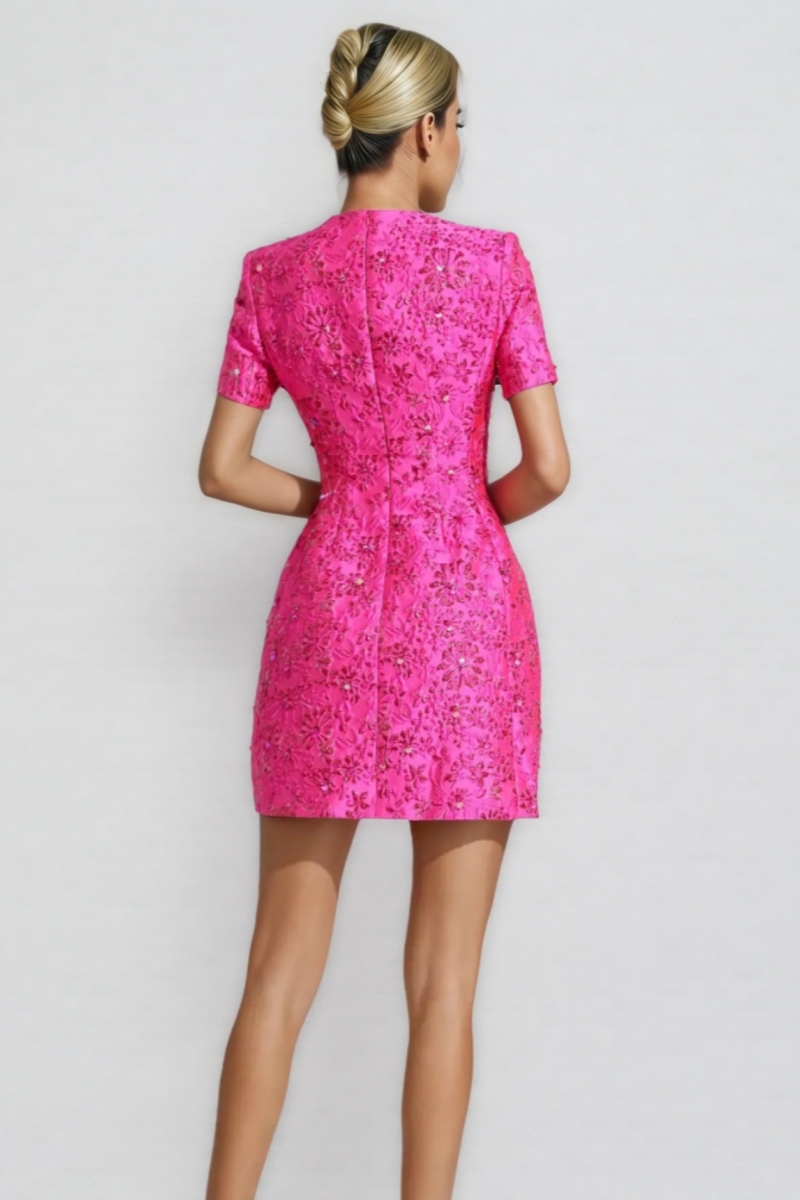 Grasa Pink Jacquard Floral Mini Dress