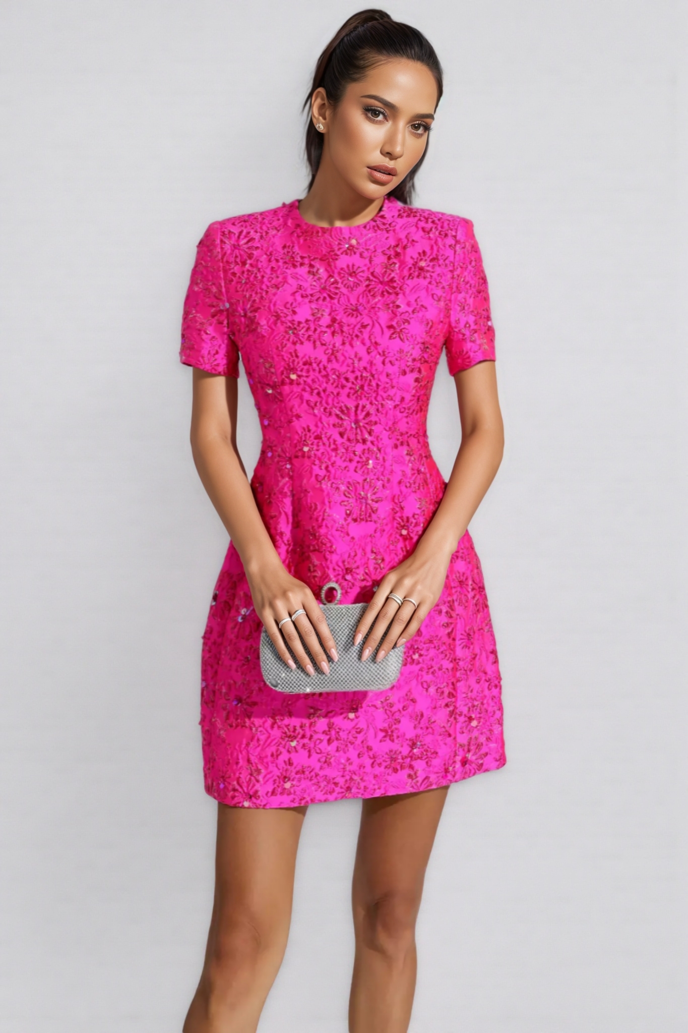Grasa Pink Jacquard Floral Mini Dress