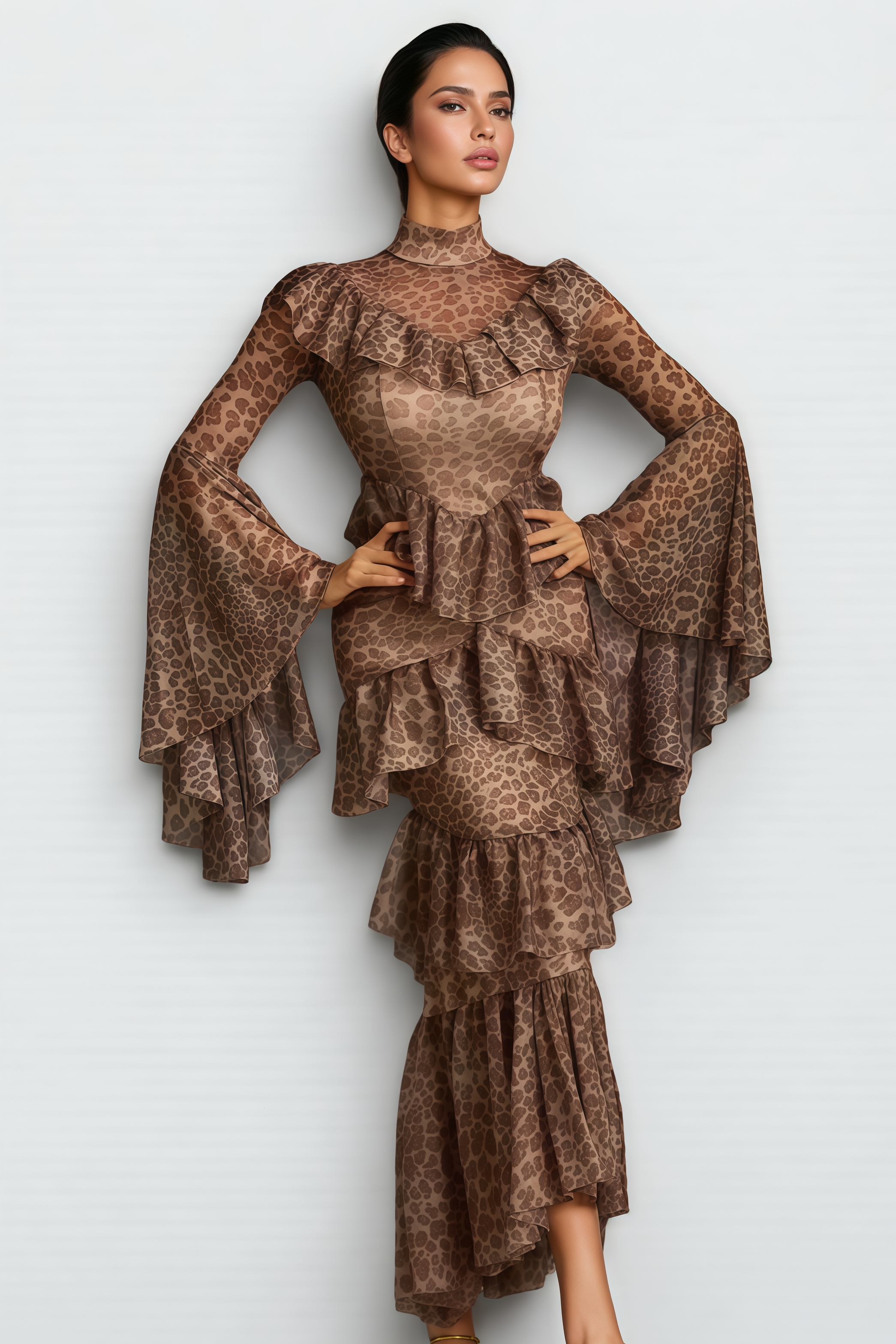 Darlita Bell Sleeve Leopard Midi Dress