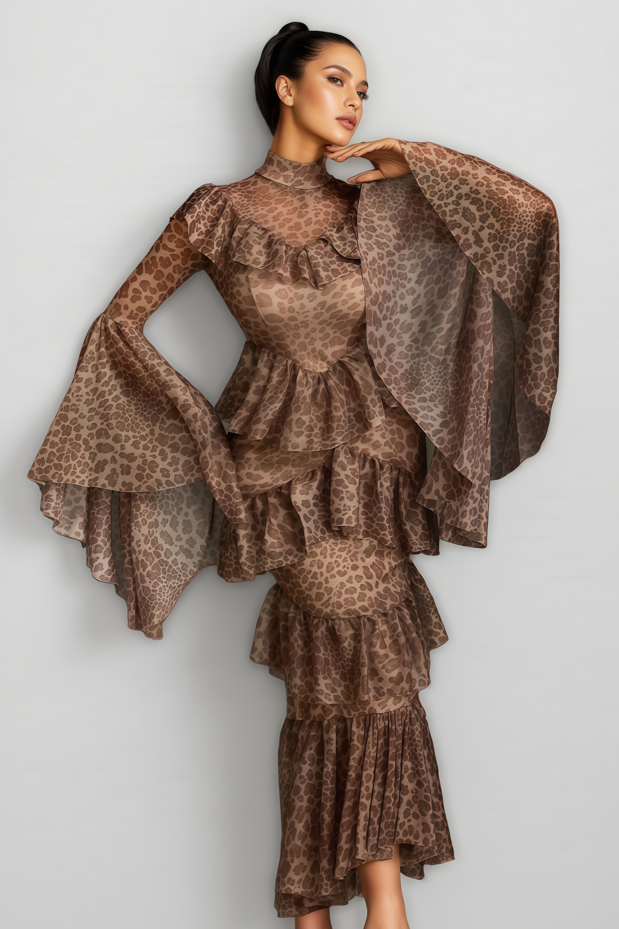 Darlita Bell Sleeve Leopard Midi Dress