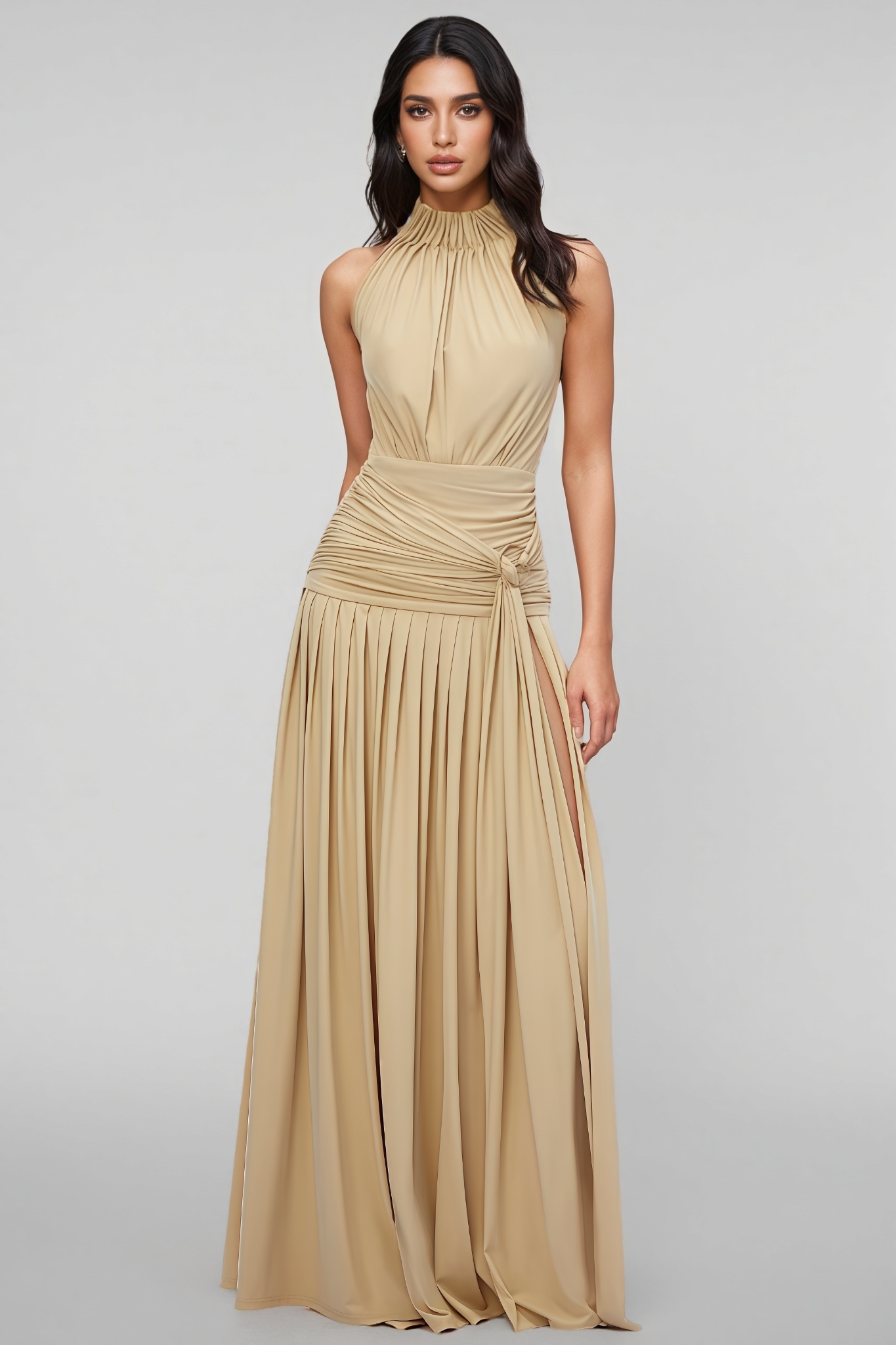 Barxes Khaki Halterneck Ruched Maxi Dress