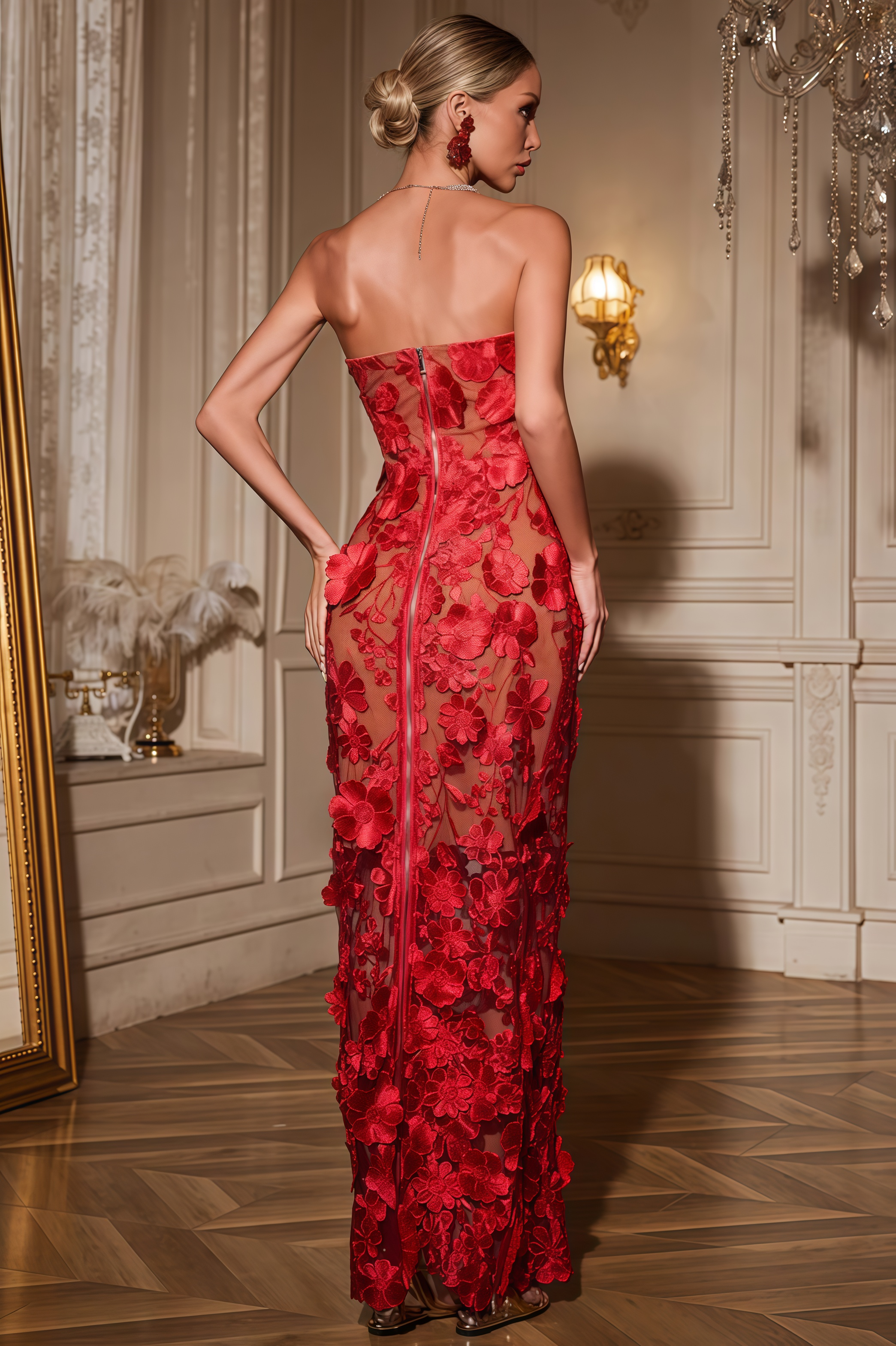 Afzal Red Strapless Flower Maxi Dress