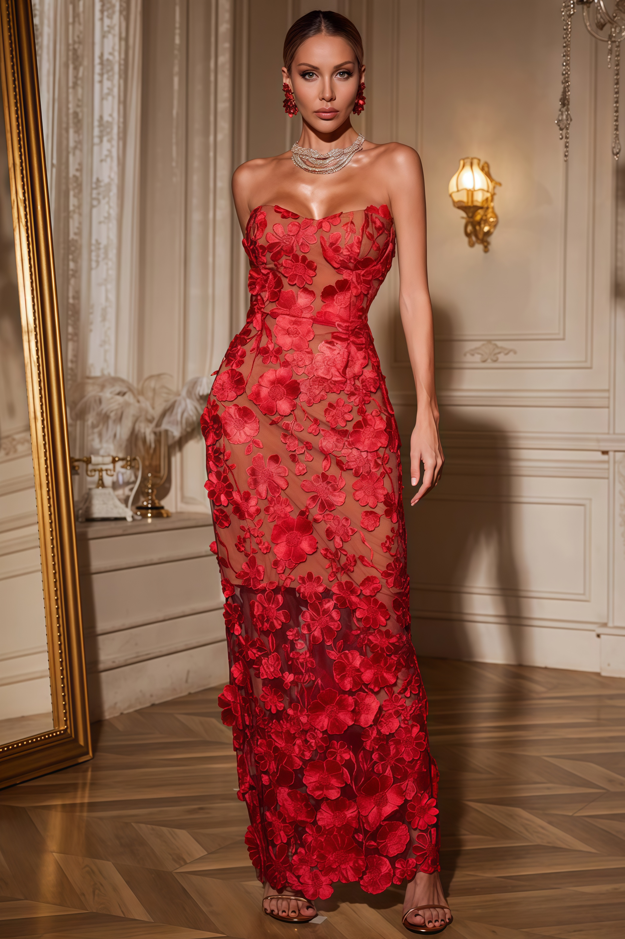 Afzal Red Strapless Flower Maxi Dress