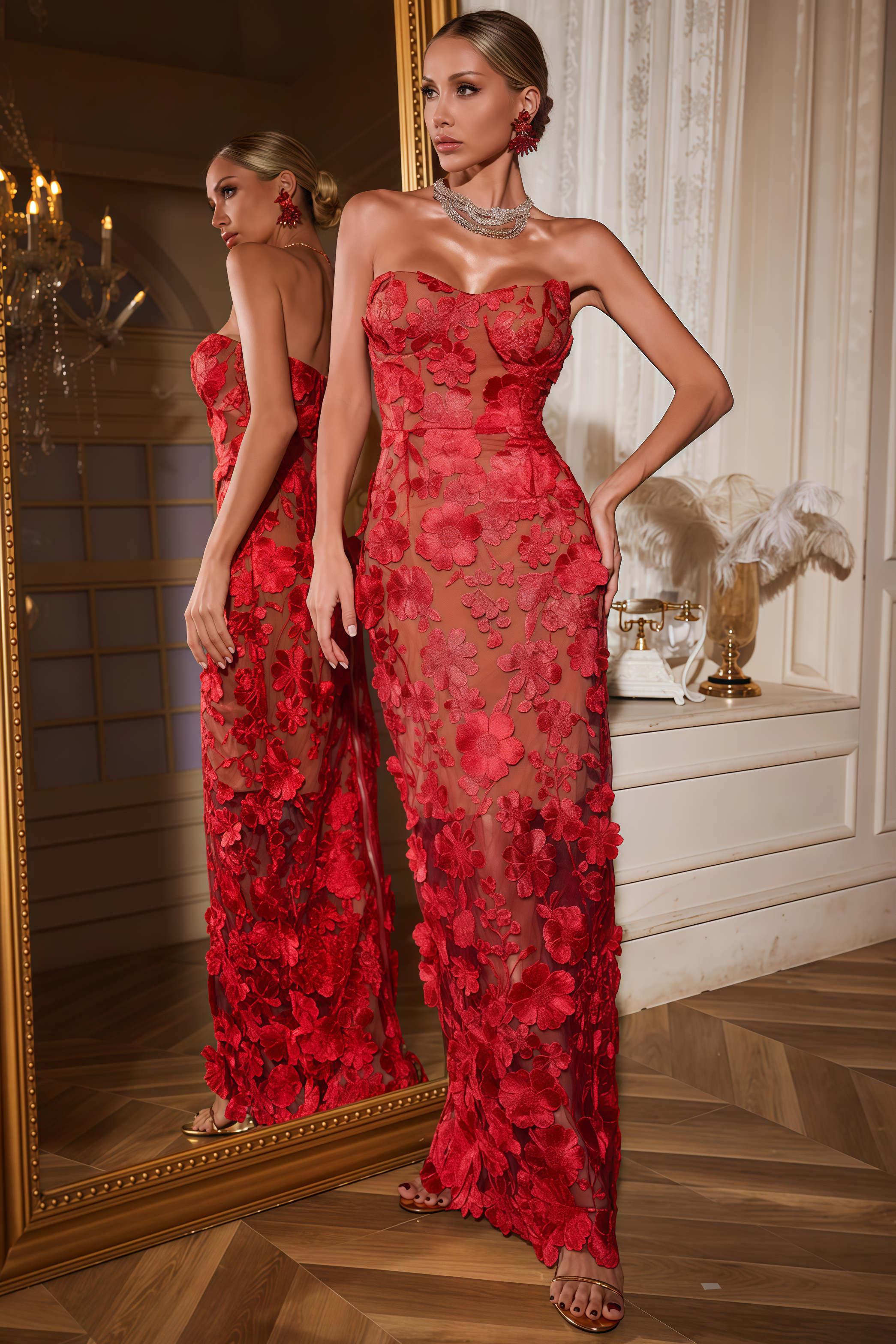Afzal Red Strapless Flower Maxi Dress