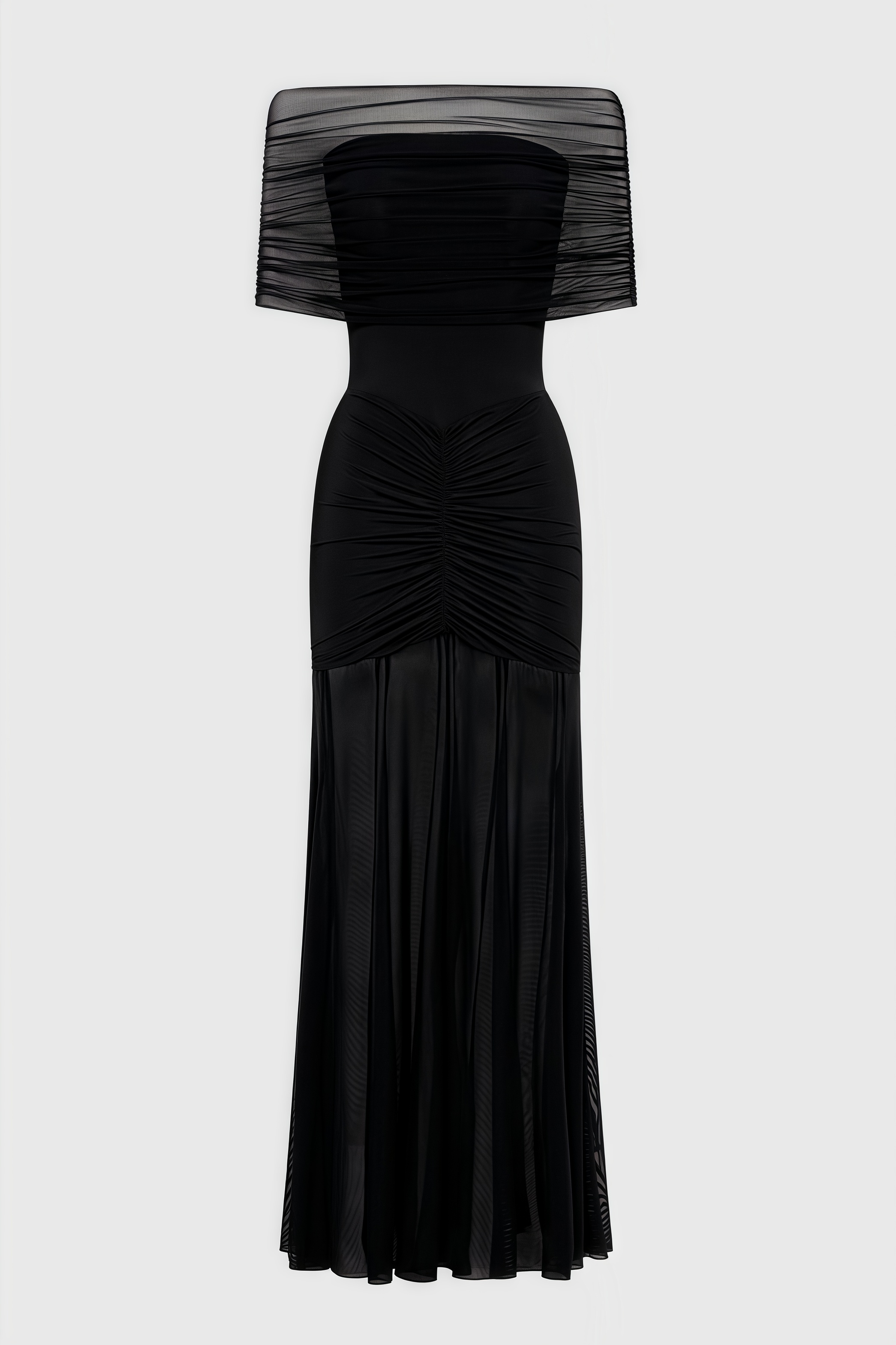 Nivenae Slinky And Mesh Off Shoulder Maxi Dress