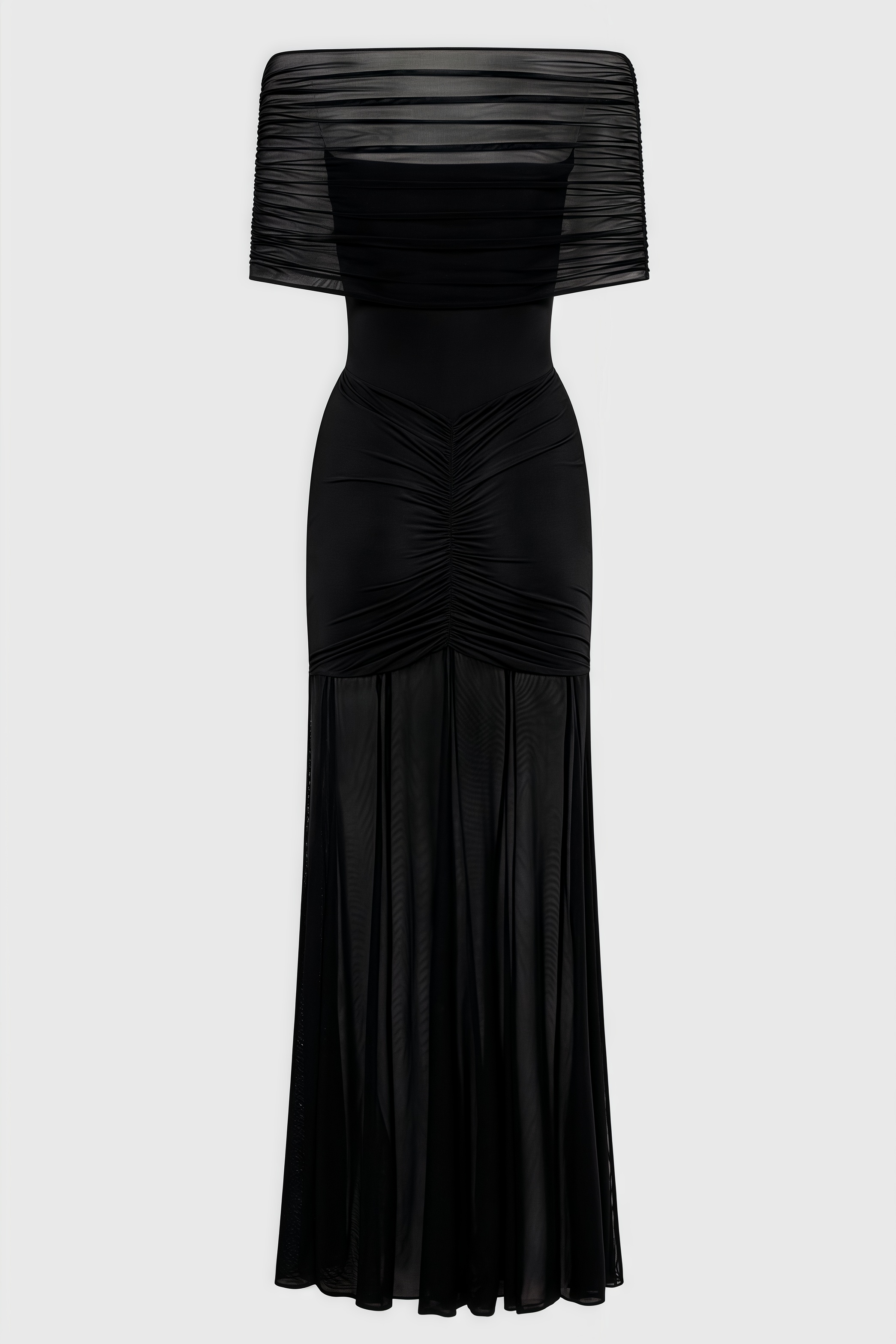 Nivenae Slinky And Mesh Off Shoulder Maxi Dress