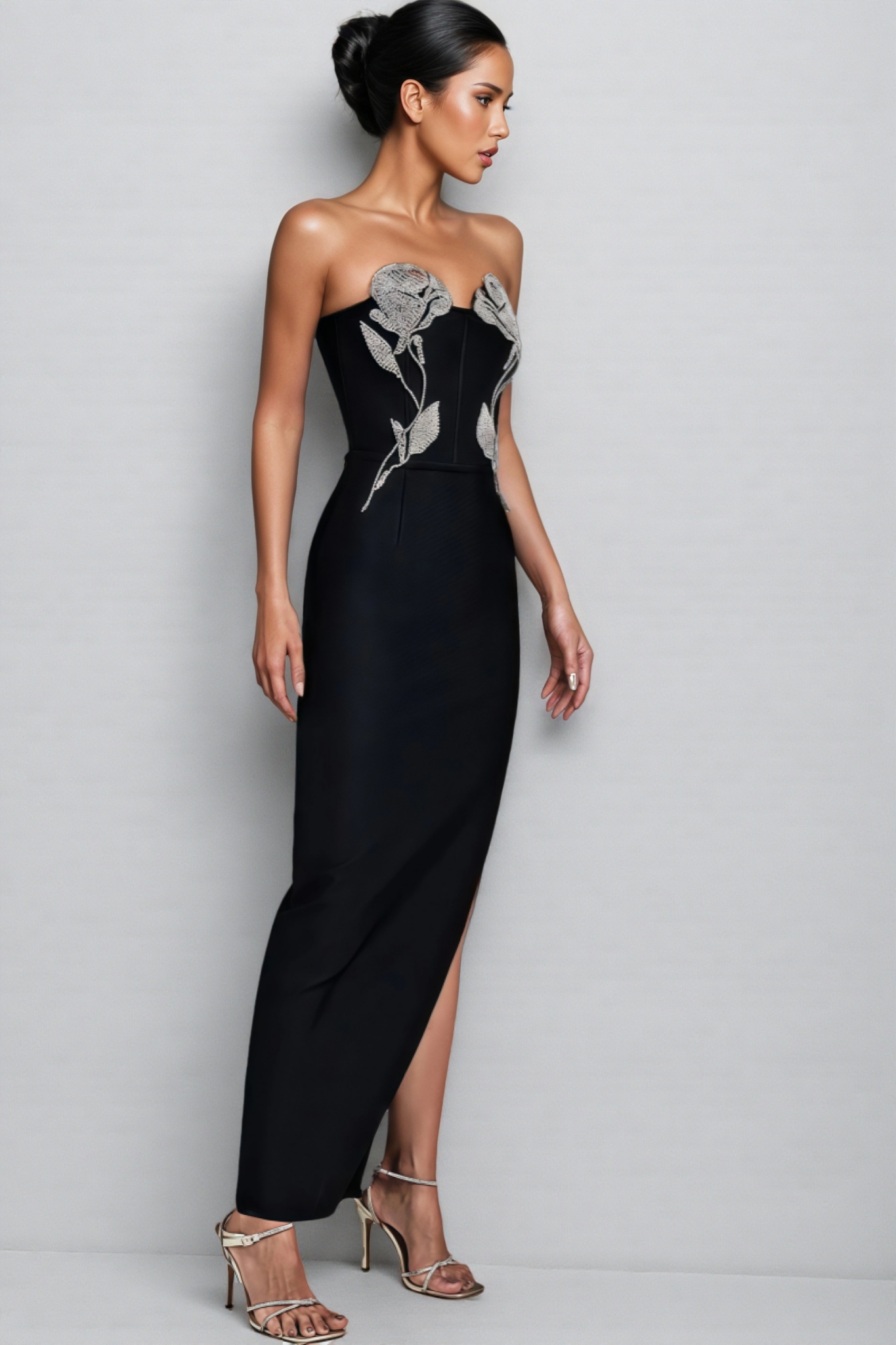 Jersey Crystal Embellished Flower Bra Maxi Bandage Dress