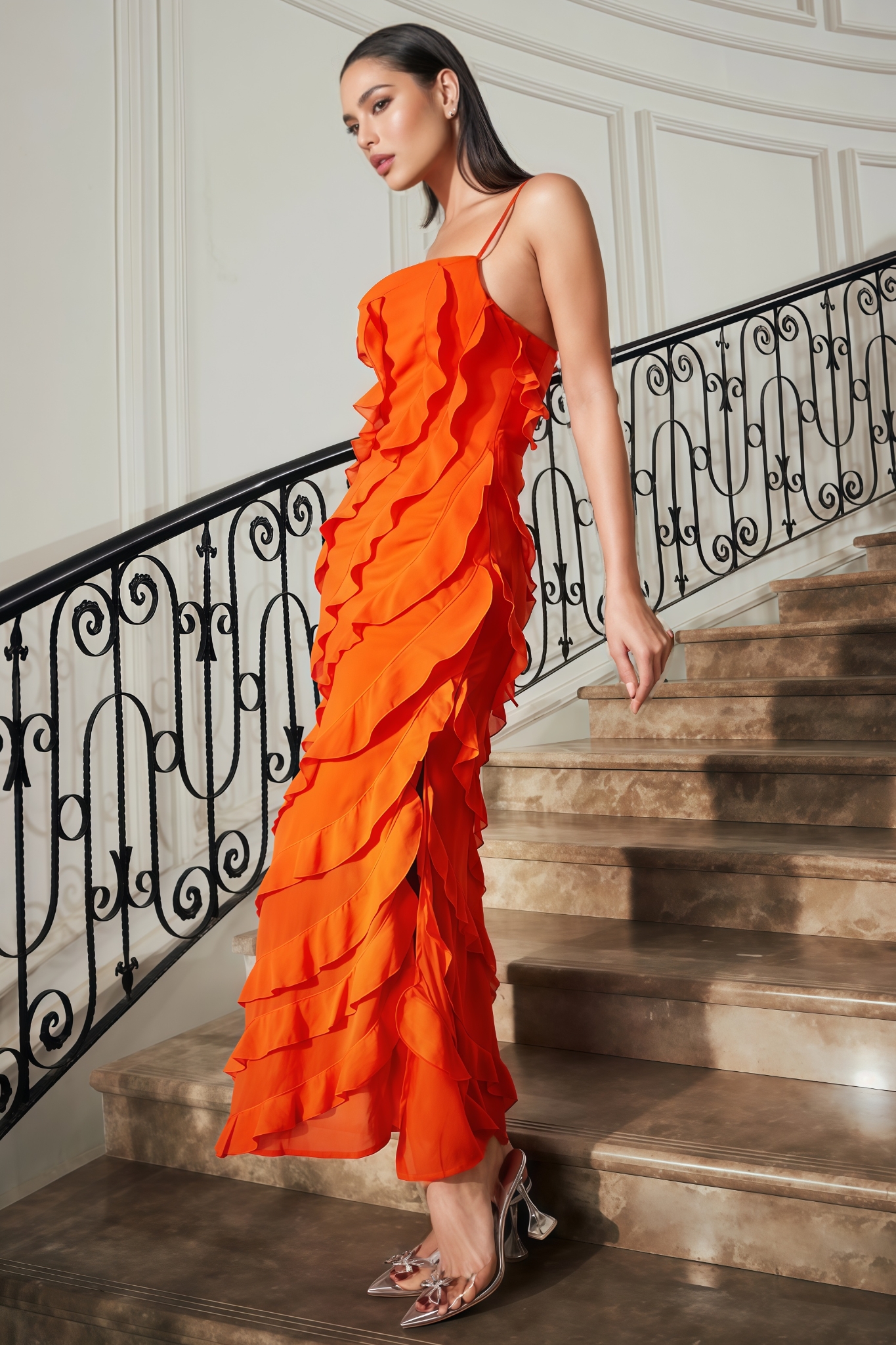 Mavria Orange Ruffle Hem Cami Maxi Dress