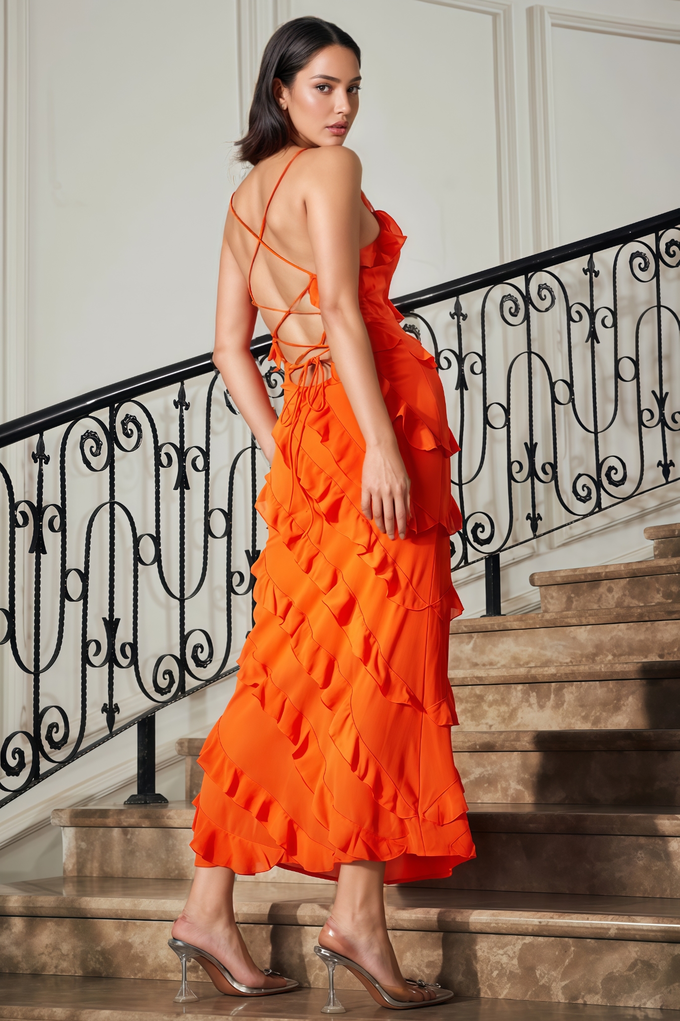 Mavria Orange Ruffle Hem Cami Maxi Dress