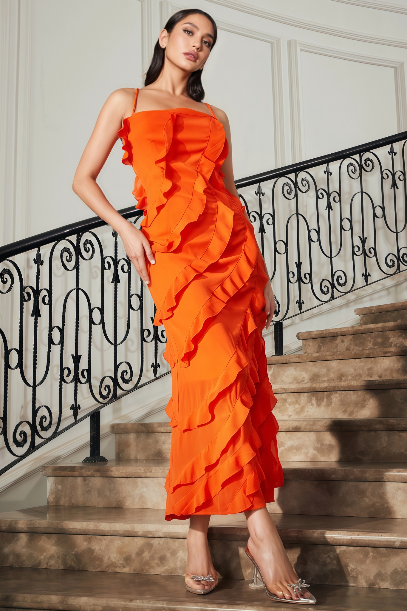 Mavria Orange Ruffle Hem Cami Maxi Dress