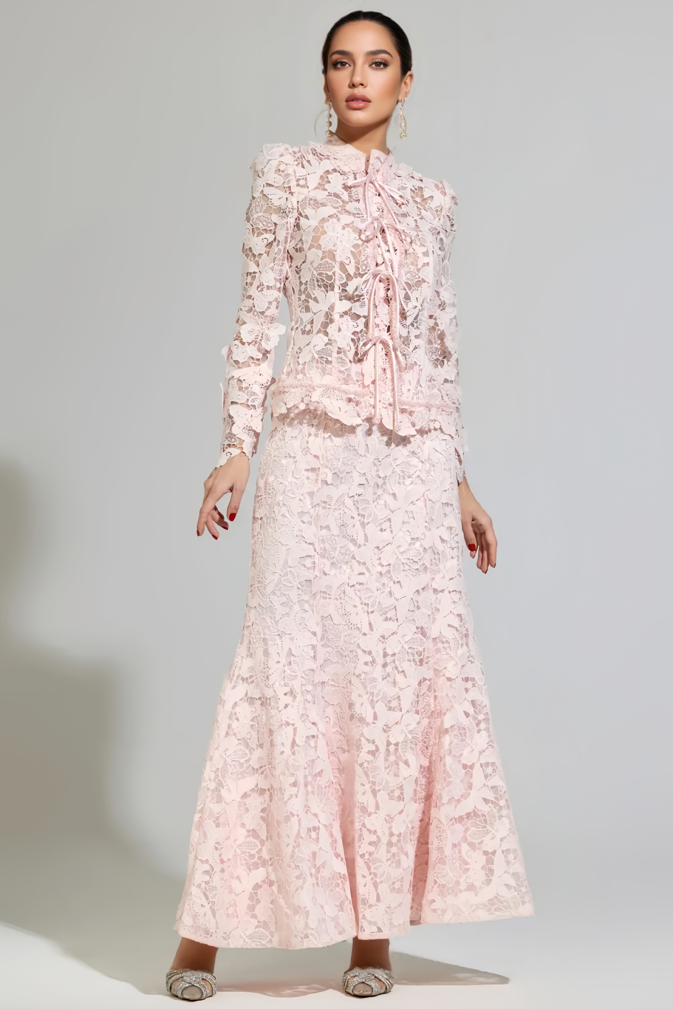 Rainciy Pink Long Sleeve Lace Maxi Dress Set