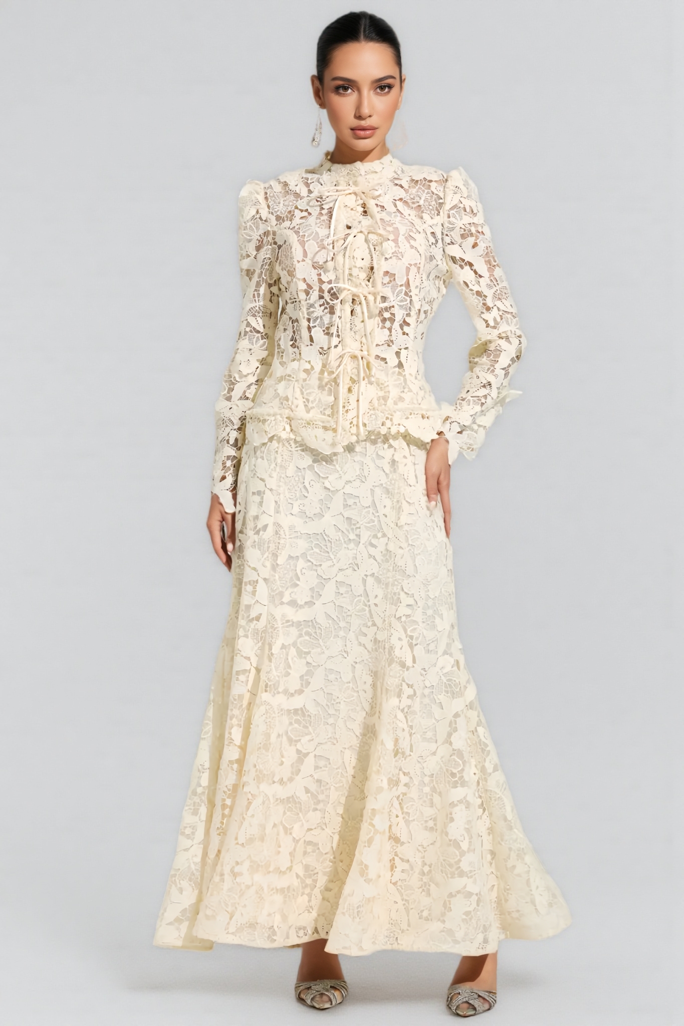 Uriffin Beige Lace Long Sleeve Maxi Dress Set