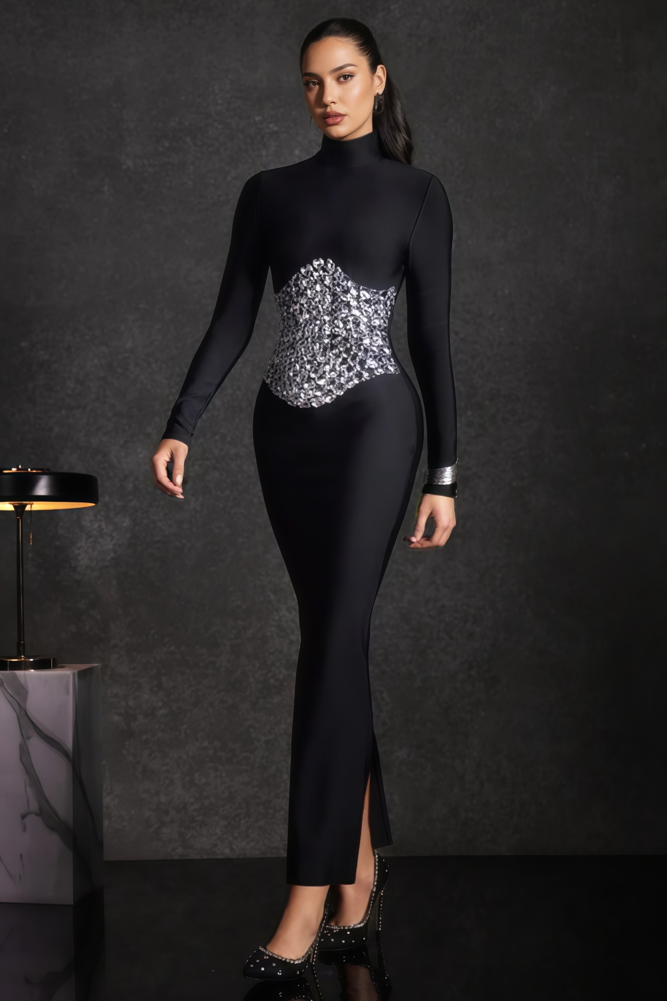 Quinny High Neck Crystal Bandage Maxi Dress