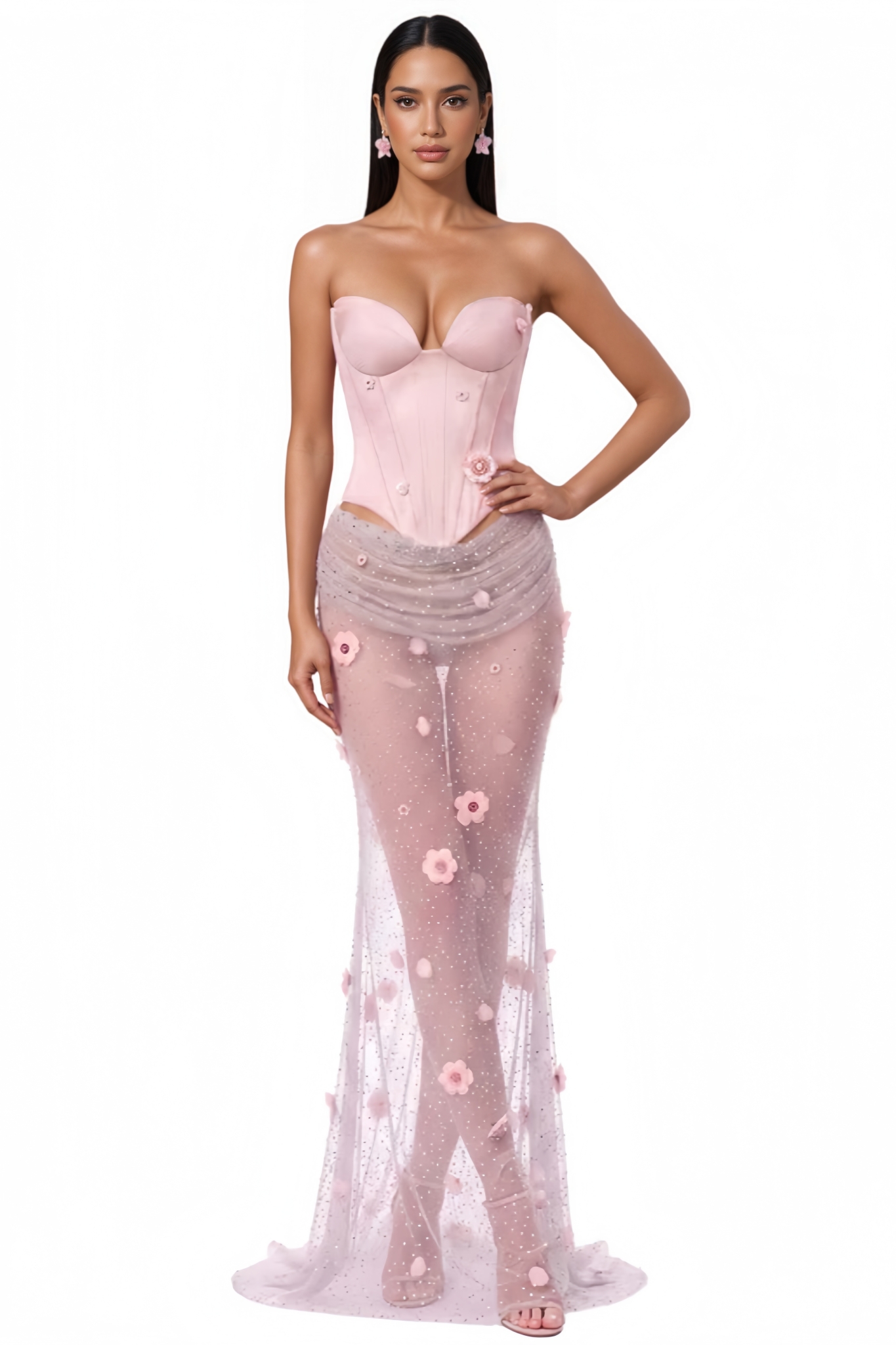 Kunter Pink Strapless 3D Flower Maxi Dress