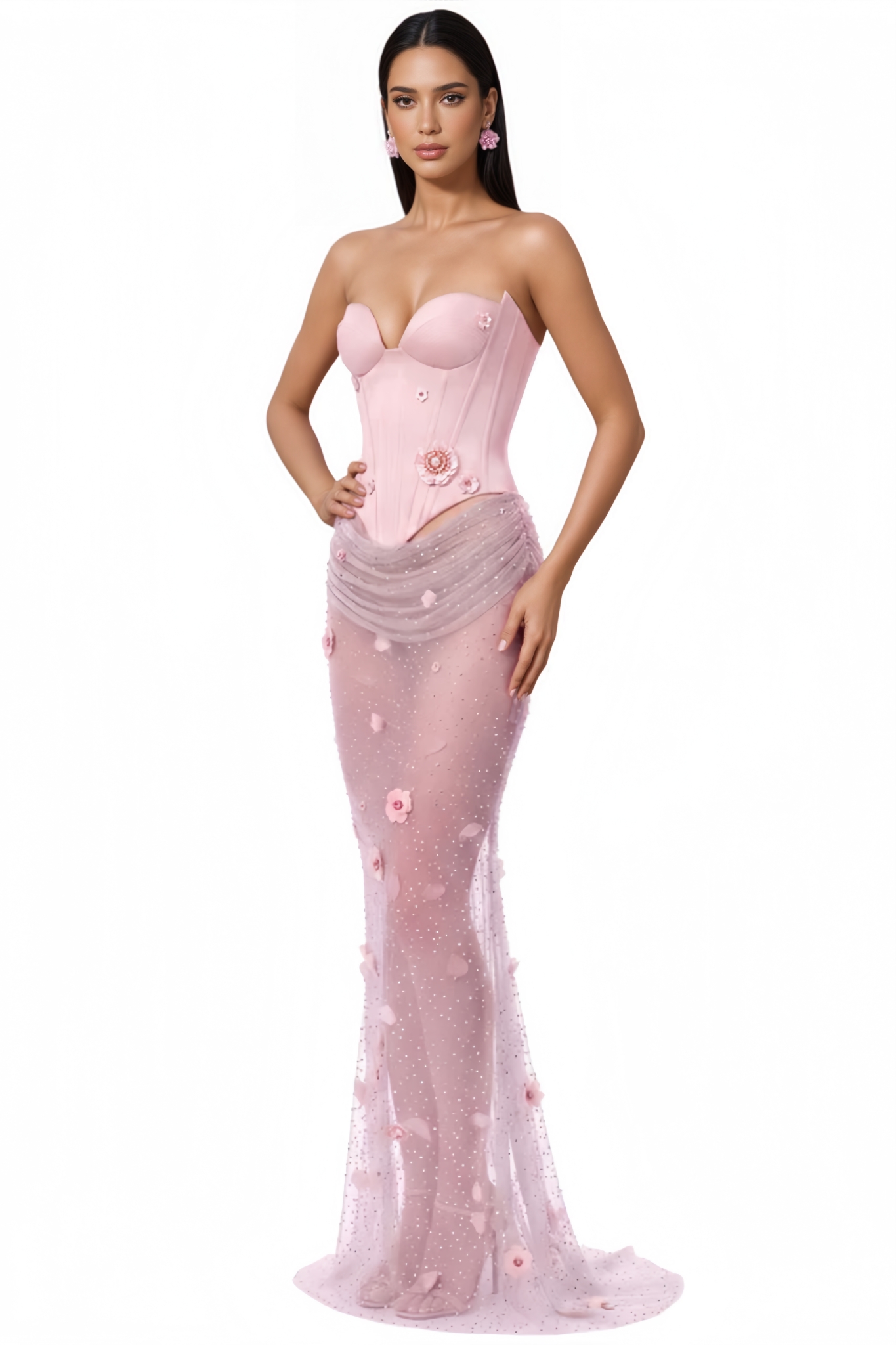 Kunter Pink Strapless 3D Flower Maxi Dress