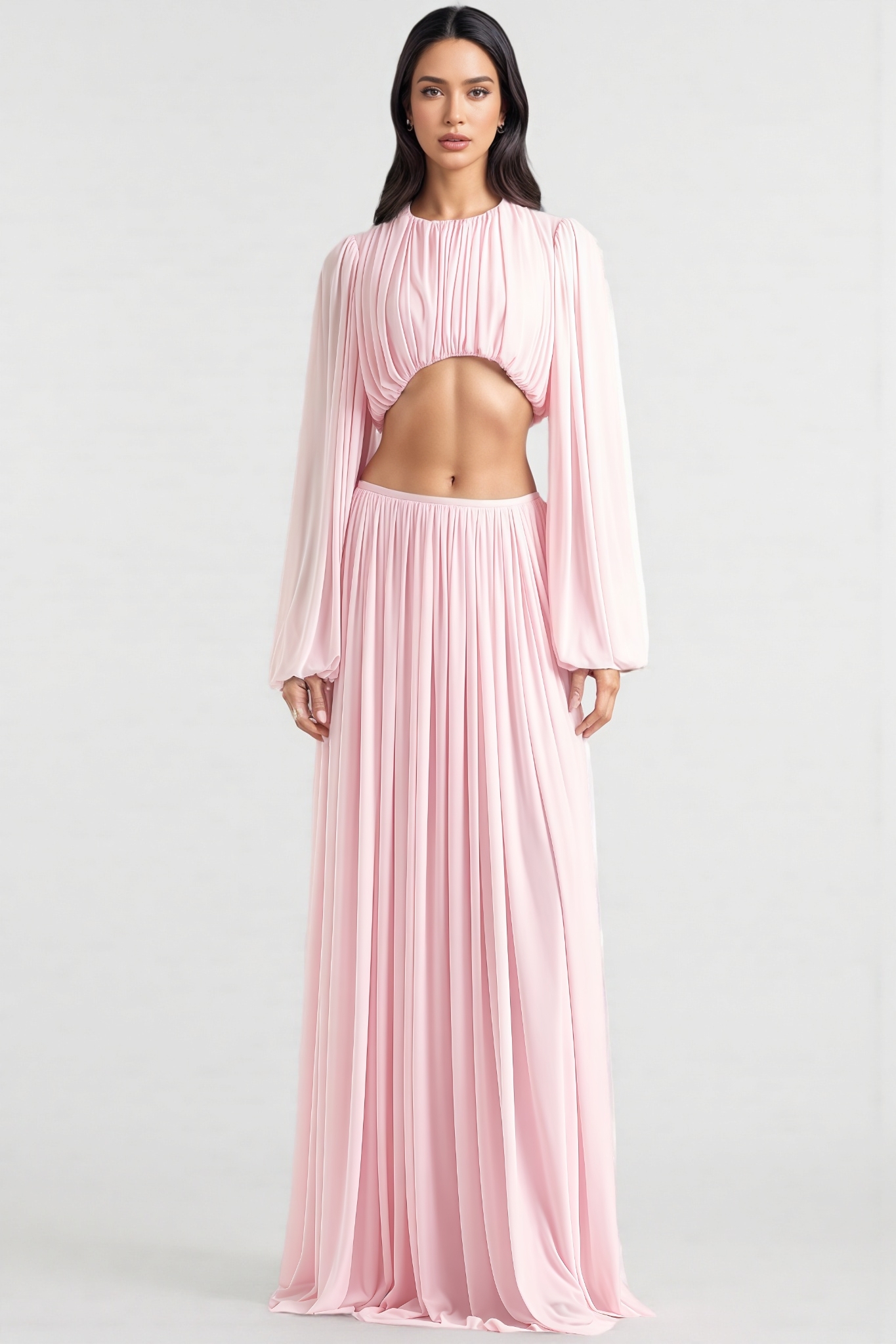 Ximant Pink Long Sleeve Ruched Maxi Dress Set
