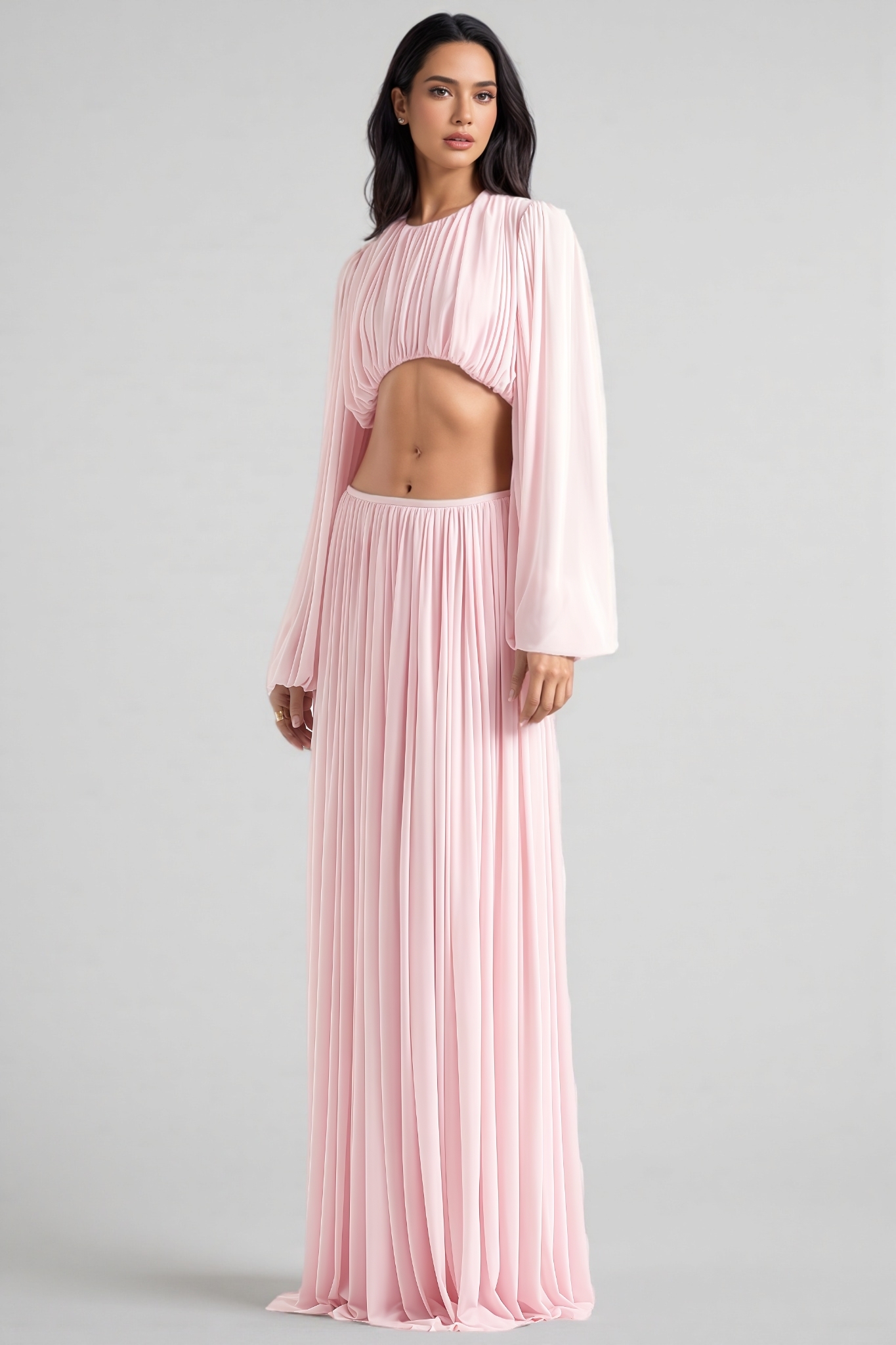 Ximant Pink Long Sleeve Ruched Maxi Dress Set