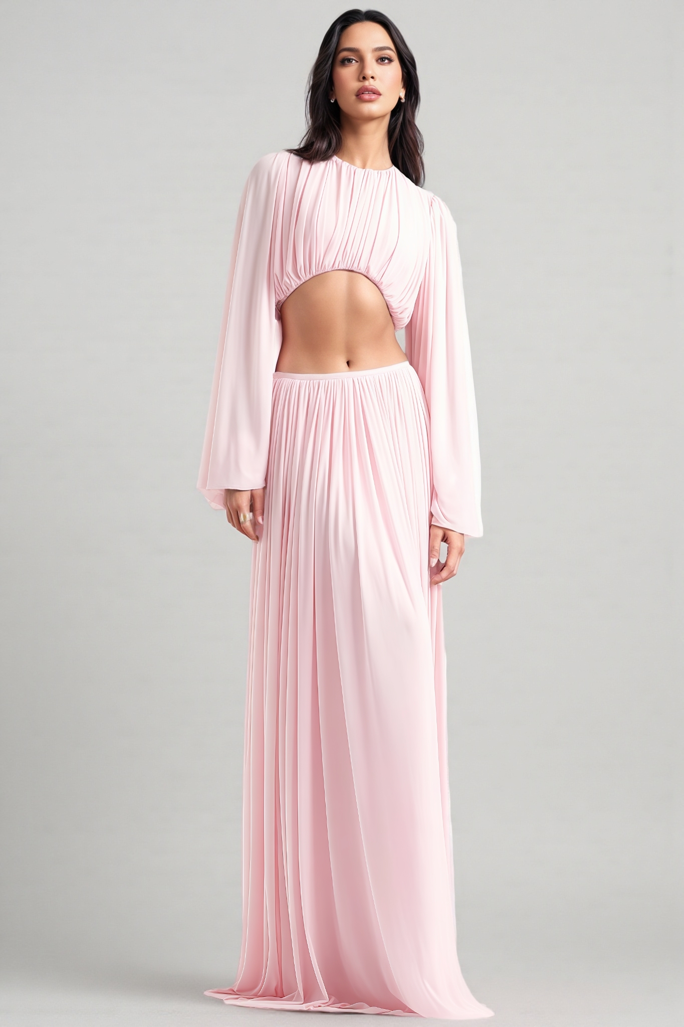 Ximant Pink Long Sleeve Ruched Maxi Dress Set