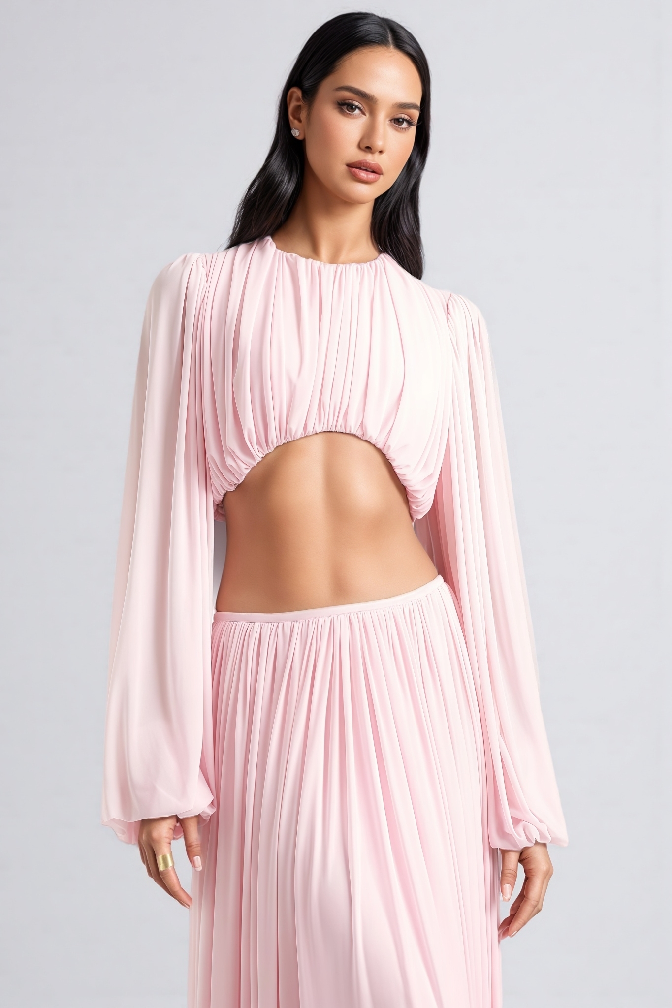 Ximant Pink Long Sleeve Ruched Maxi Dress Set