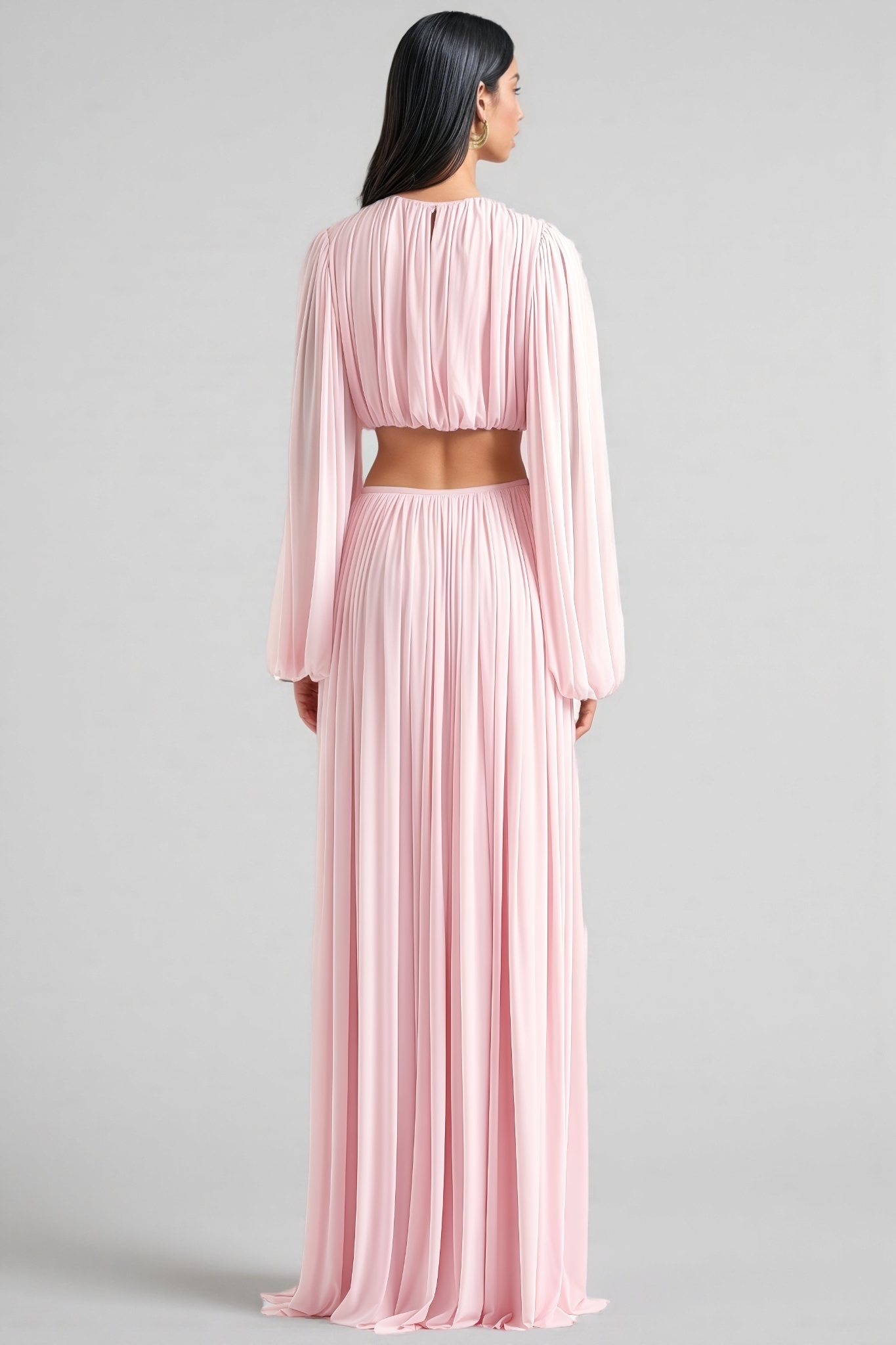 Ximant Pink Long Sleeve Ruched Maxi Dress Set