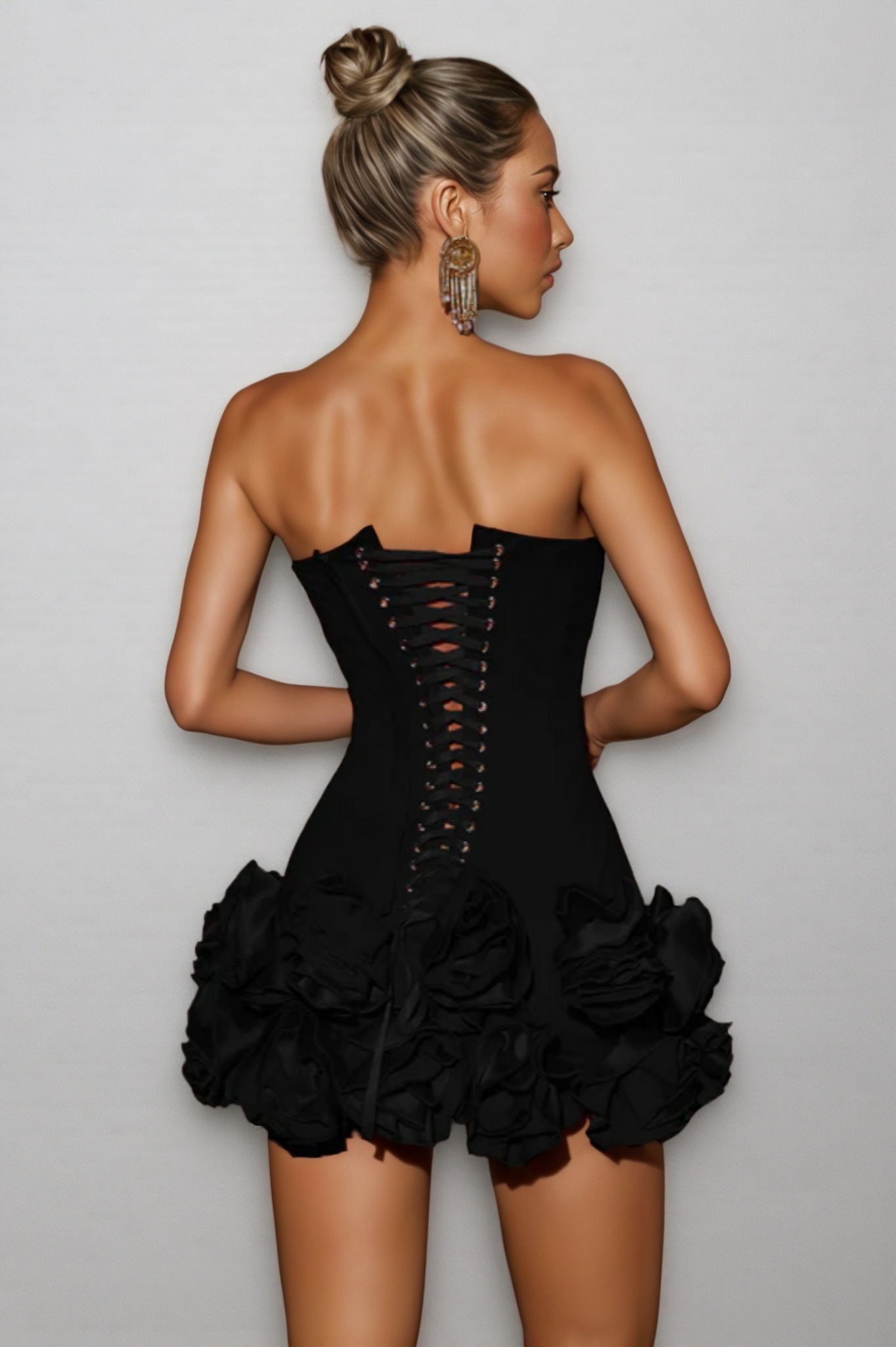 Fiora Black Strapless Flower Mini Dress