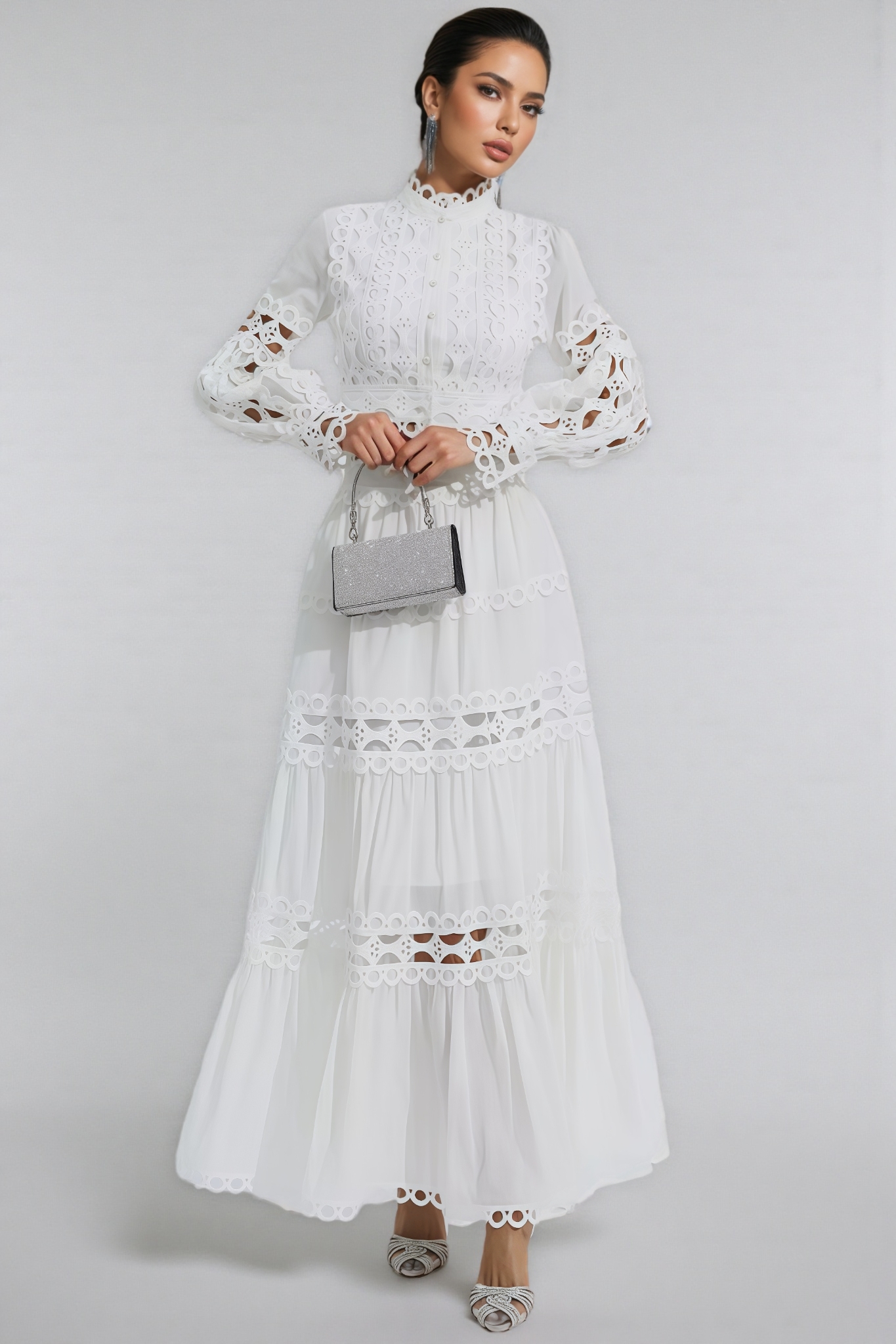 Alerolt White Lace Hollow Maxi Dress Set