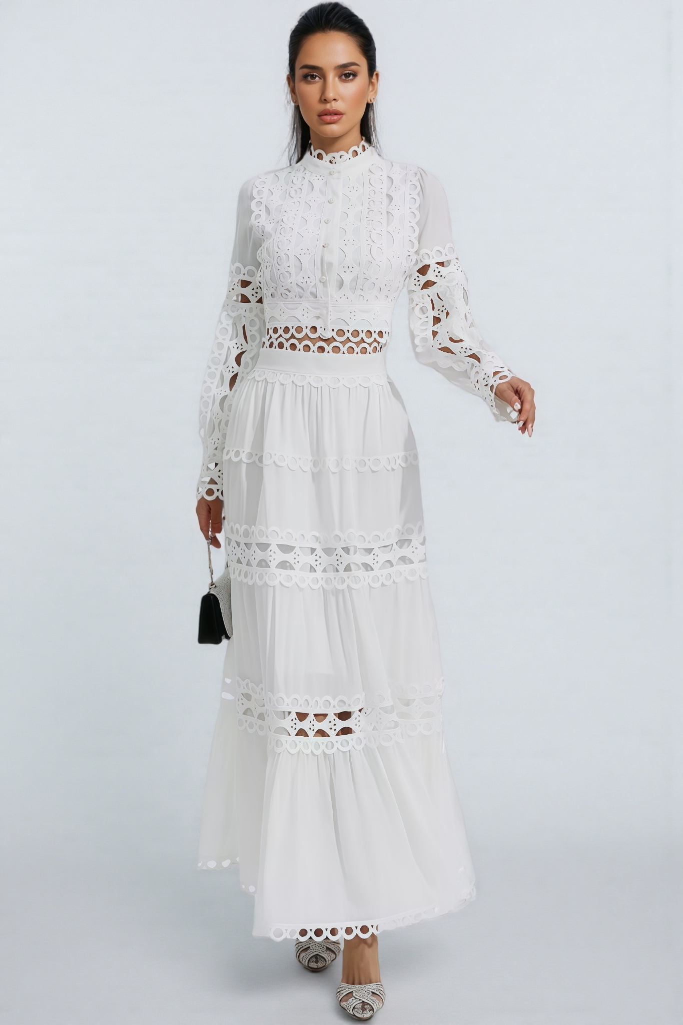 Alerolt White Lace Hollow Maxi Dress Set