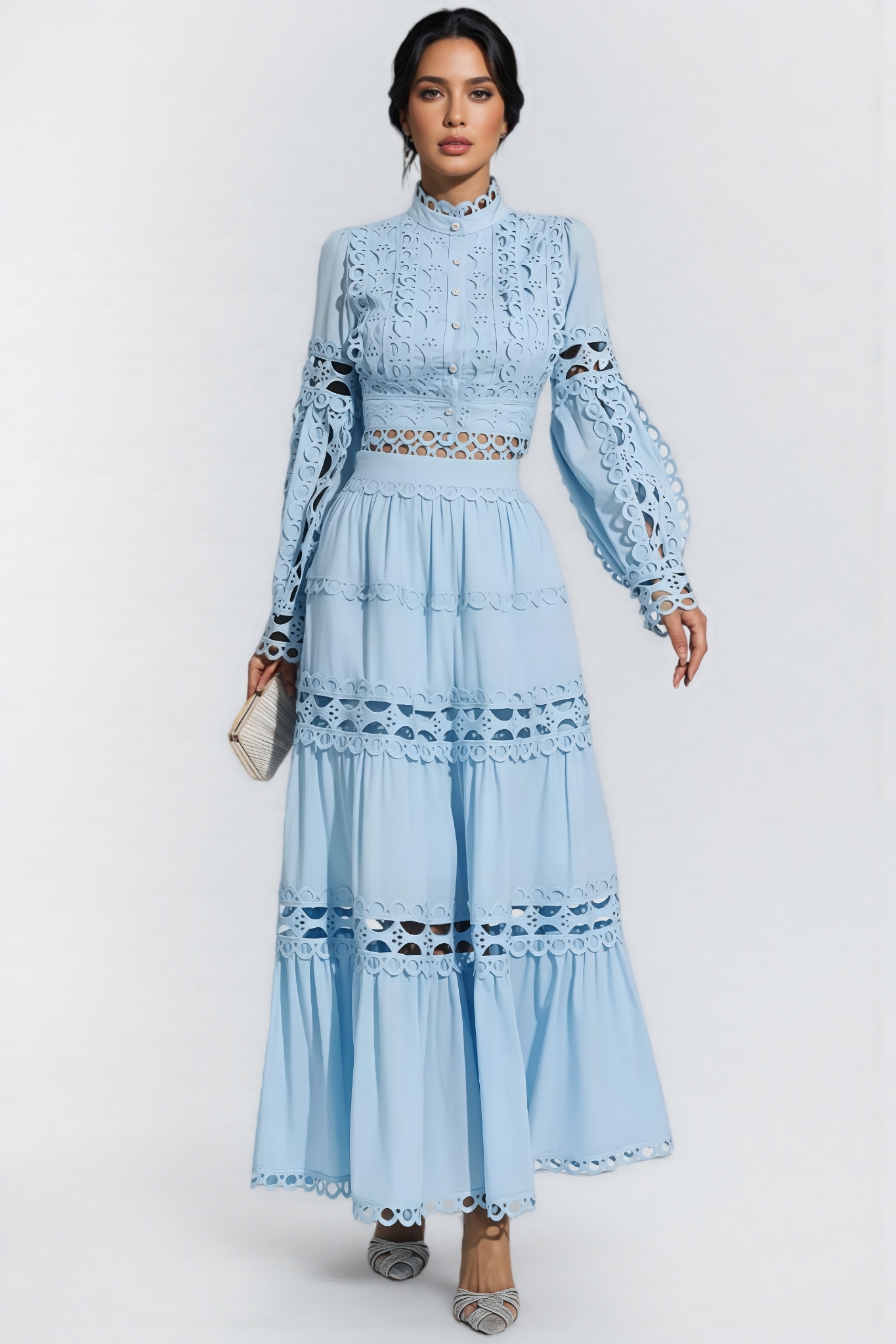 Lysd Blue Lace Hollow Maxi Dress Set