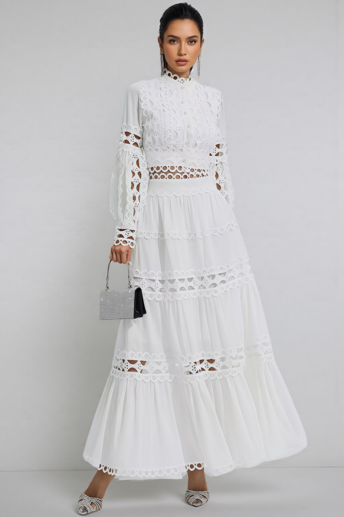 Alerolt White Lace Hollow Maxi Dress Set