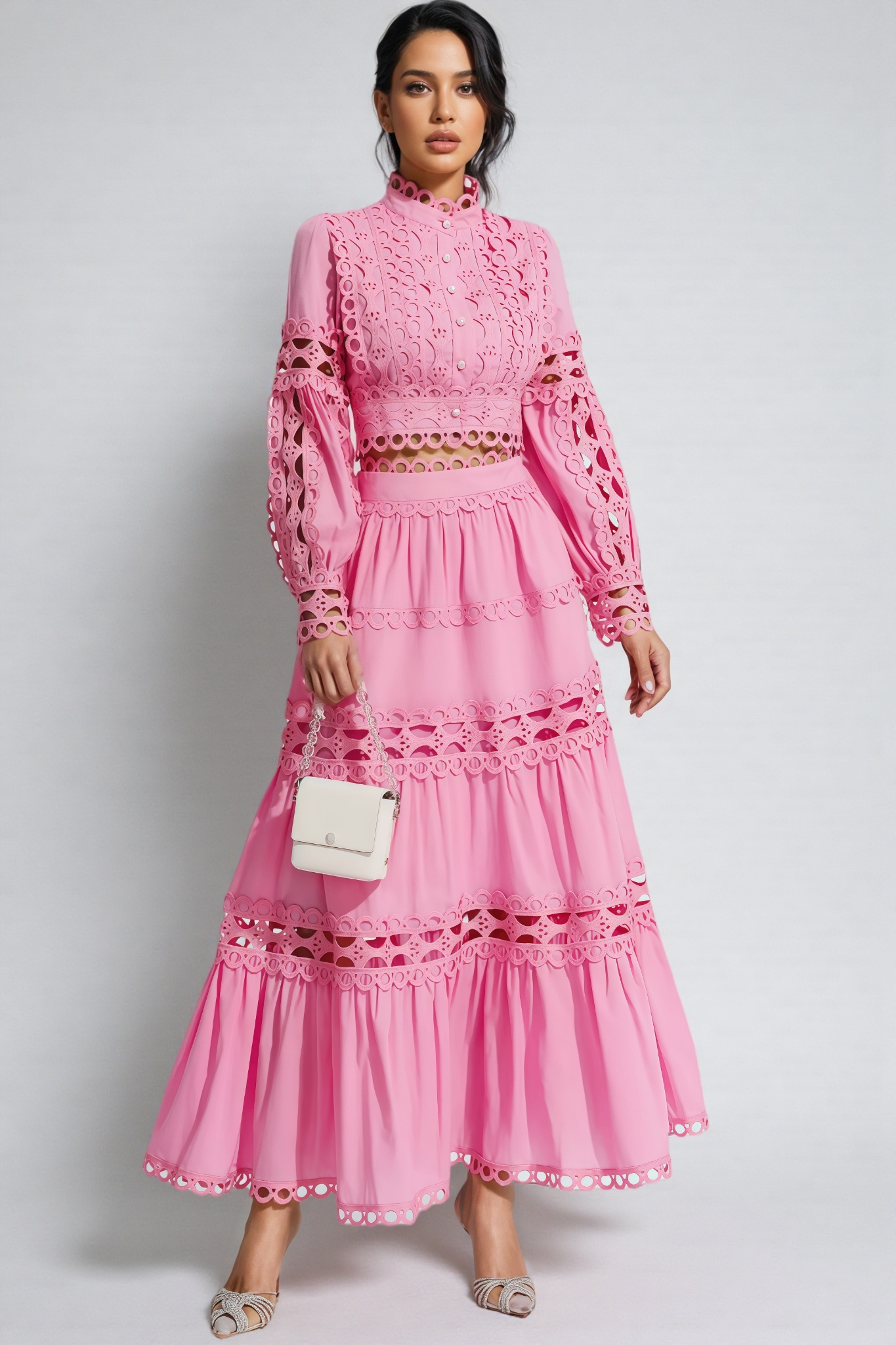 Kyrag Pink Lace Hollow Maxi Dress Set