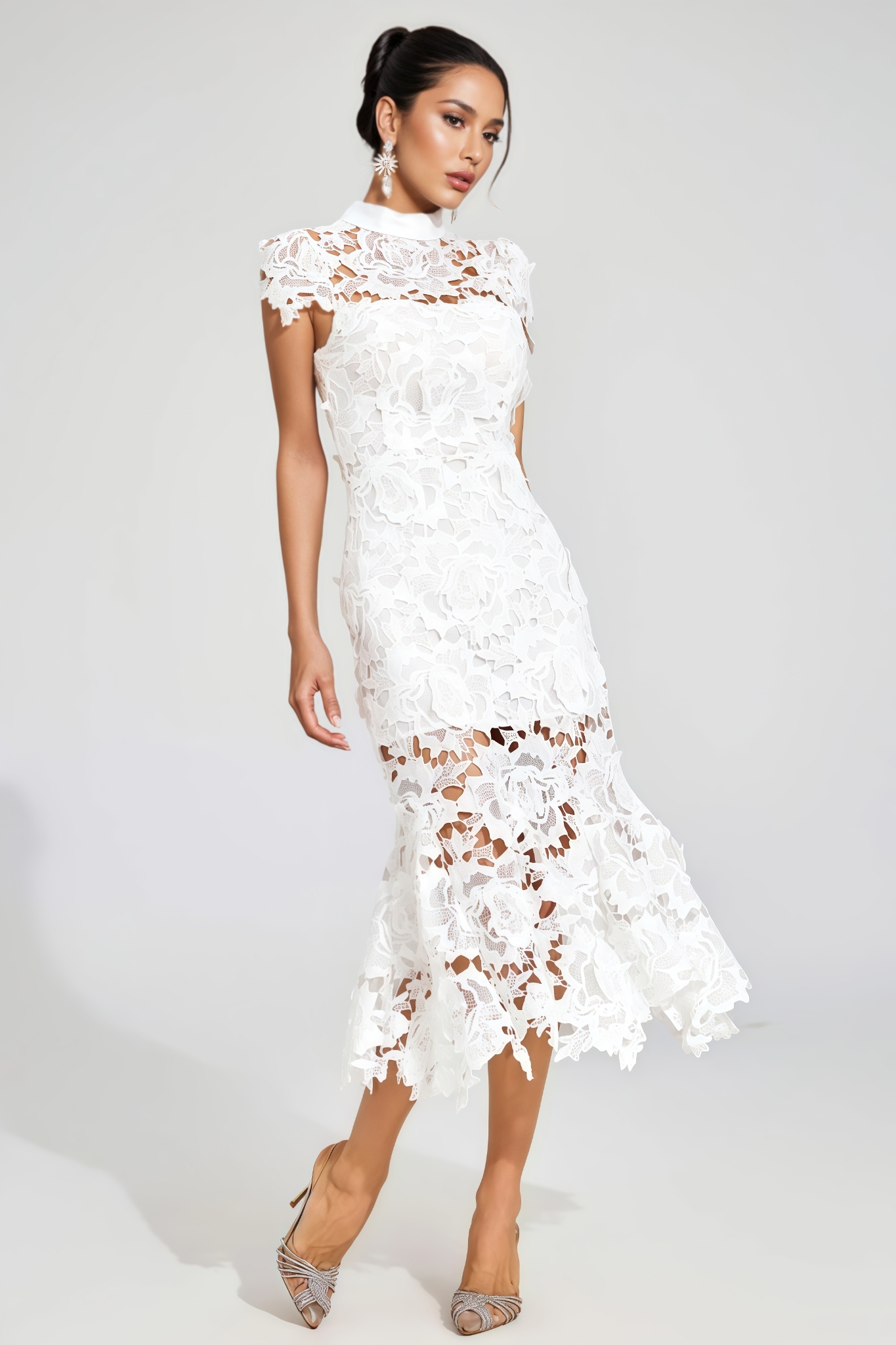 Haliny White Fishtail Lace Cut Out Midi Dress