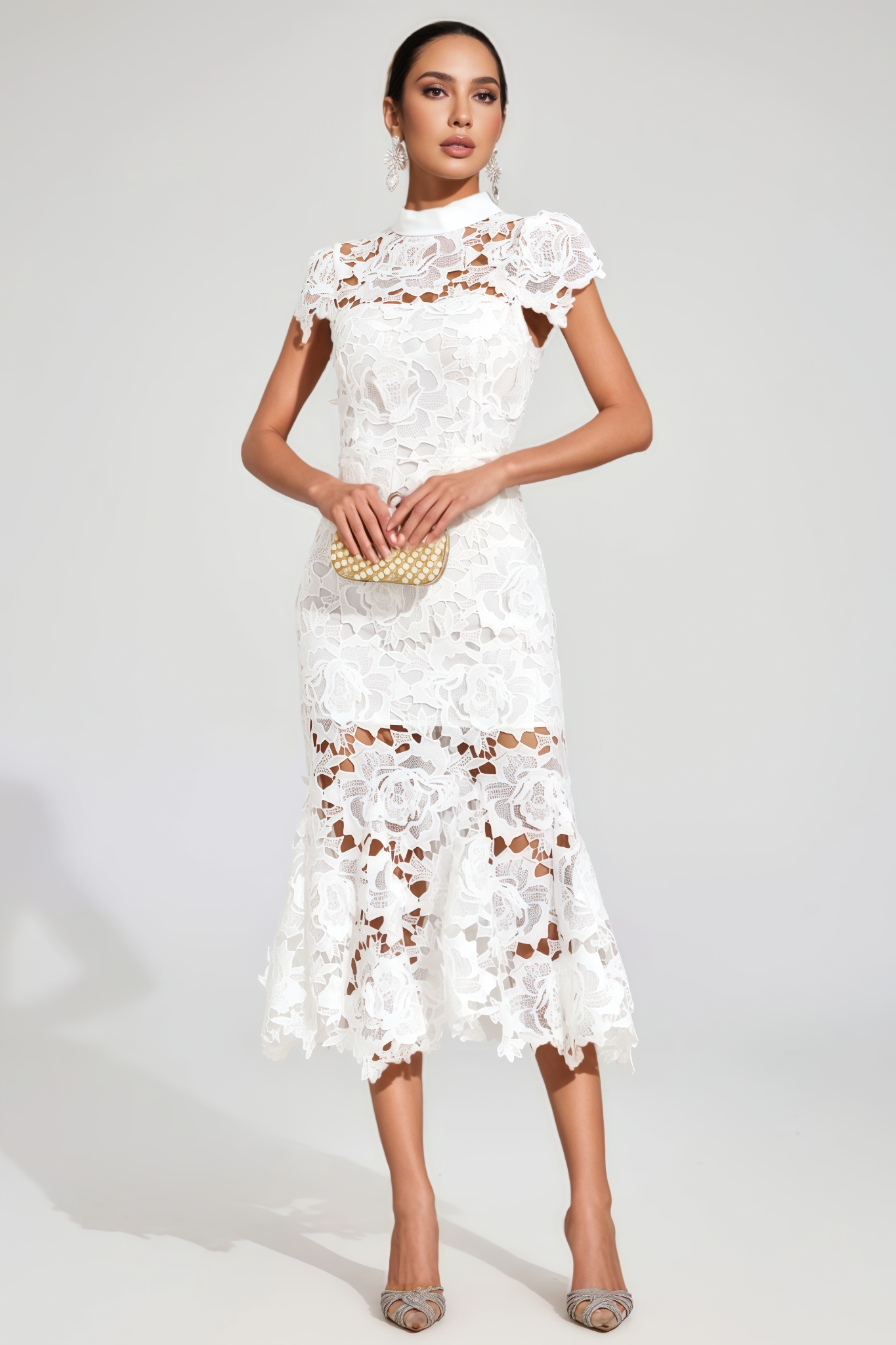 Haliny White Fishtail Lace Cut Out Midi Dress
