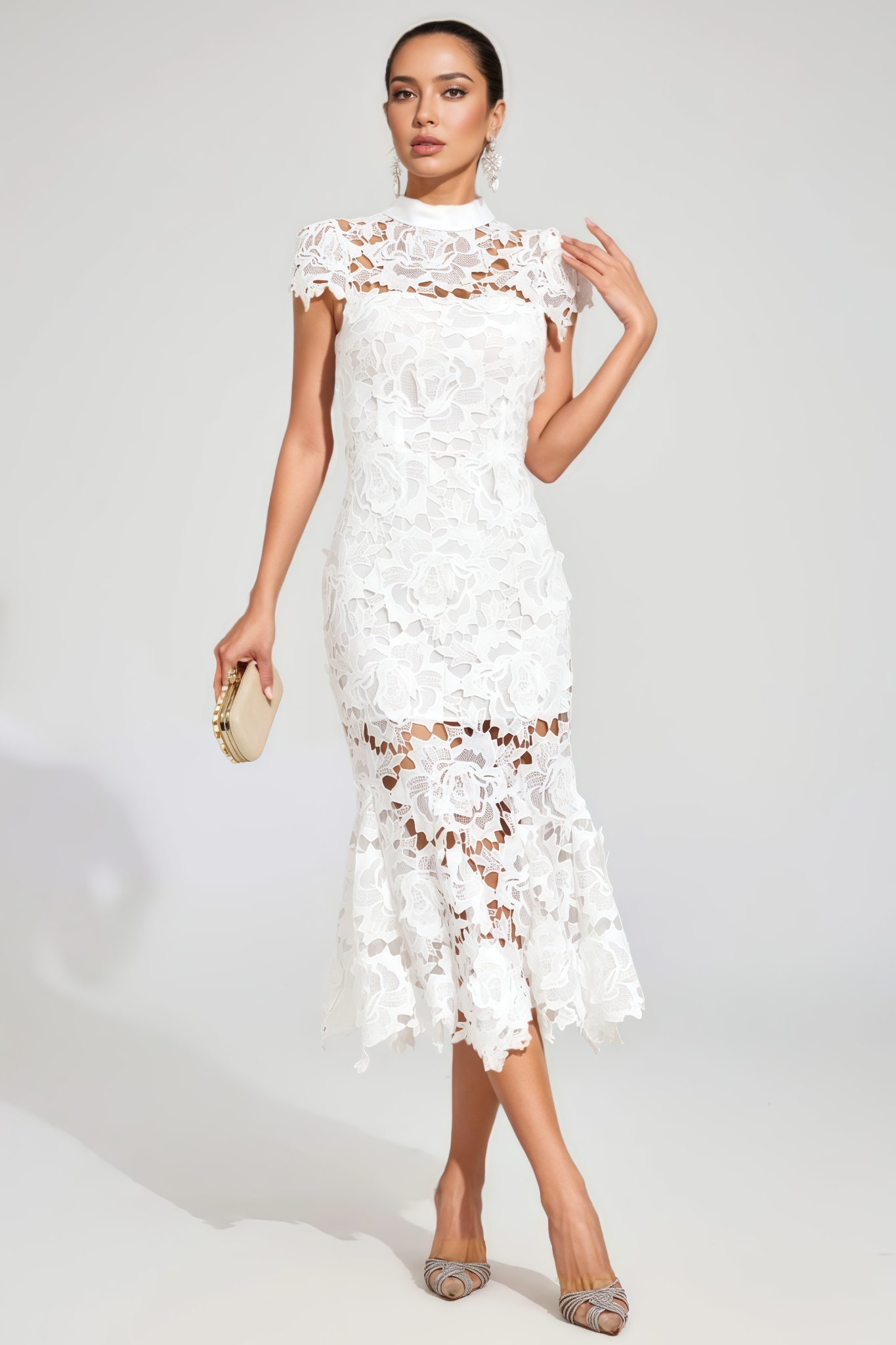 Haliny White Fishtail Lace Cut Out Midi Dress