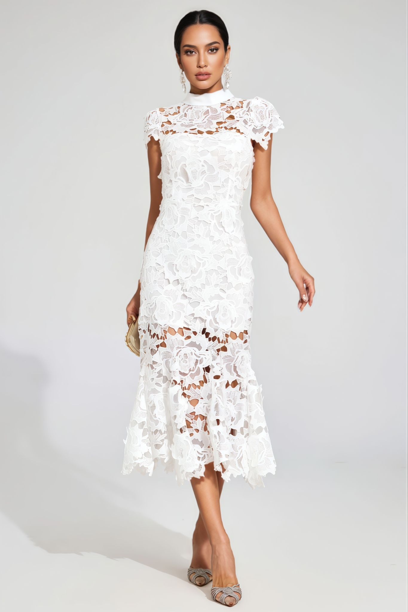 Haliny White Fishtail Lace Cut Out Midi Dress